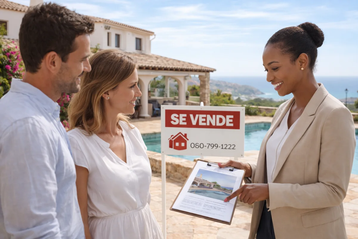 Agente inmobiliaria muestra documentos a una pareja frente a una villa mediterránea con piscina, vistas al mar y cartel de Se Vende.