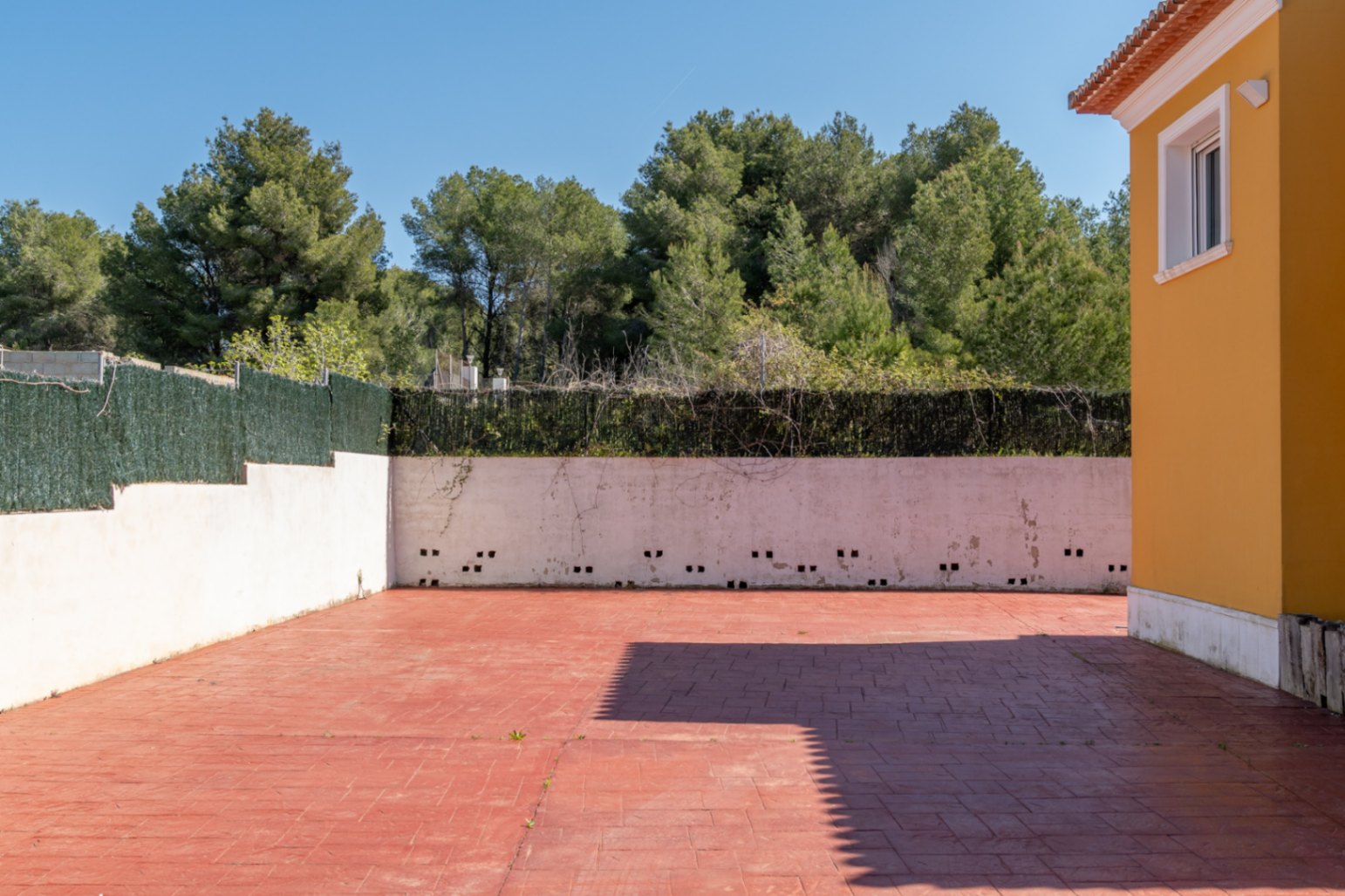 Amplio patio exterior con suelo de hormigón impreso rojizo, delimitado por muros perimetrales y rodeado de frondosa vegetación mediterránea bajo un cielo despejado.