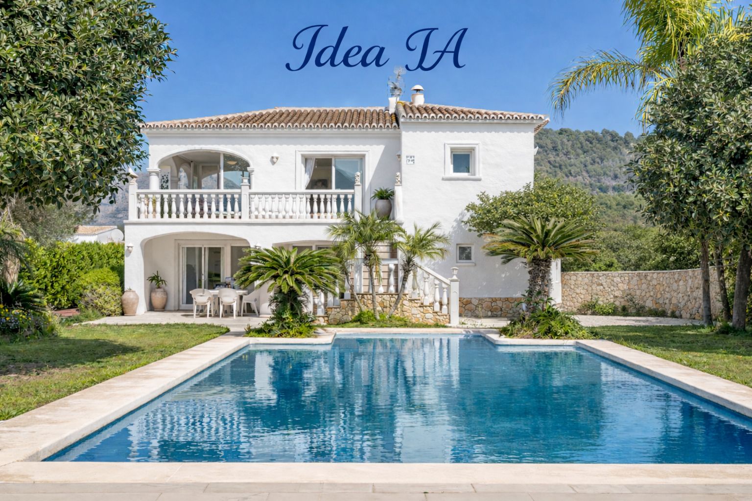 Fachada blanca de estilo mediterráneo con gran piscina rectangular, terraza con balaustrada y porche cubierto rodeado de palmeras y vegetación autóctona.
