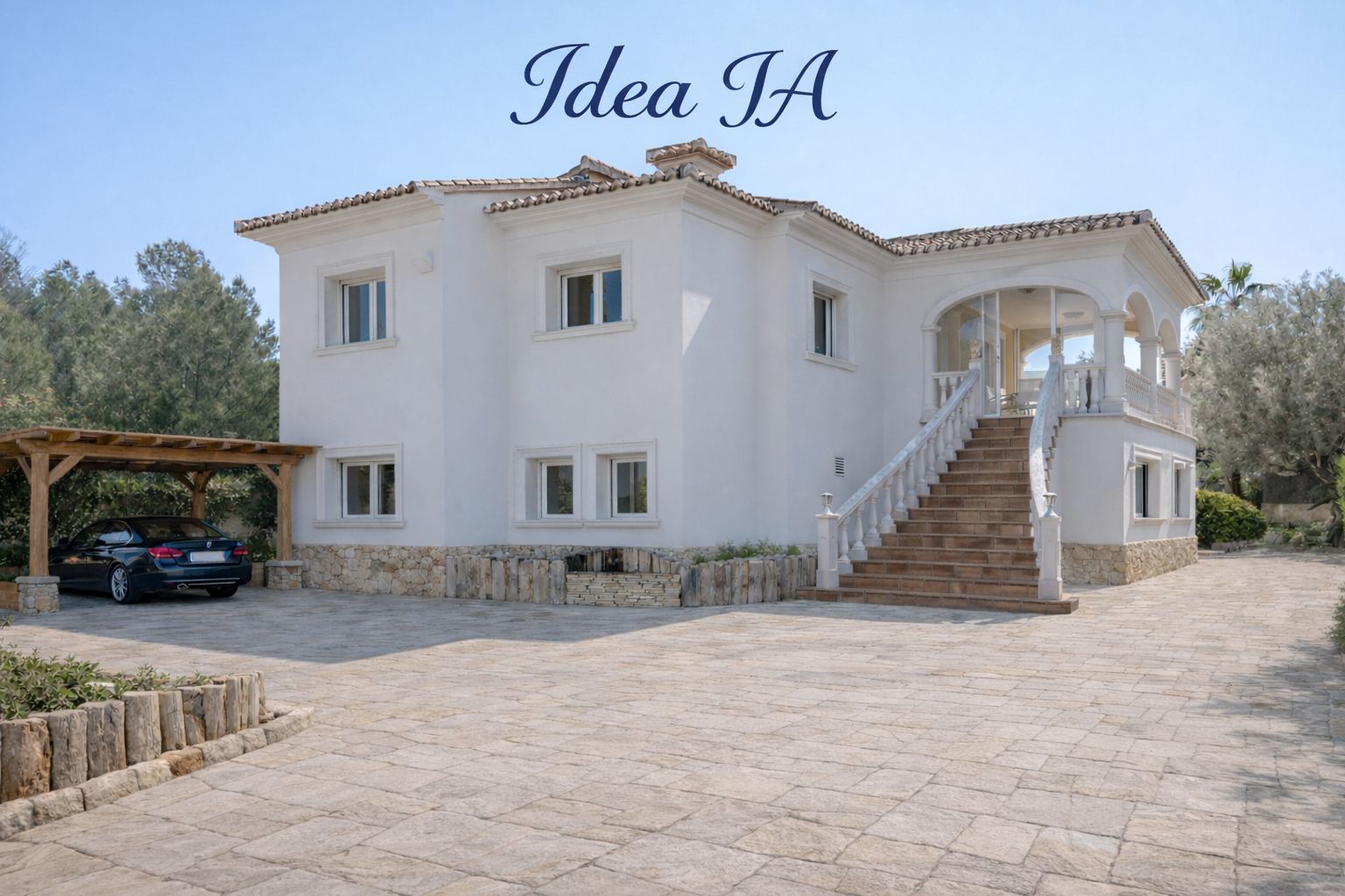 Fachada principal de la villa con escalinata exterior, porche acristalado y amplio aparcamiento pavimentado con pérgola de madera para vehículos.