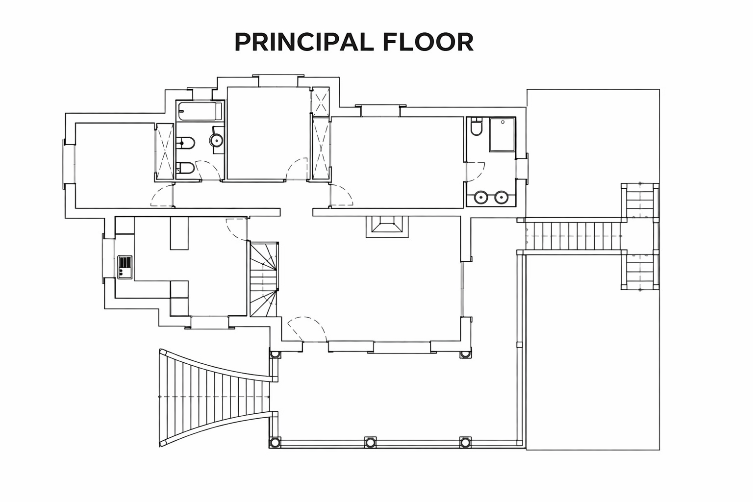 Plano detallado de la planta principal que muestra la distribución del salón con chimenea, cocina, dormitorios y la amplia terraza cubierta.