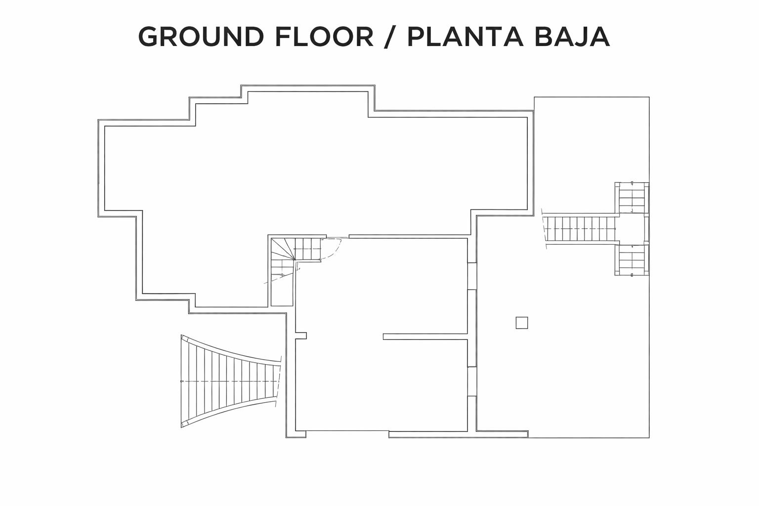 Plano técnico de la planta baja que detalla la distribución arquitectónica, los accesos mediante escaleras y la amplitud de las estancias.