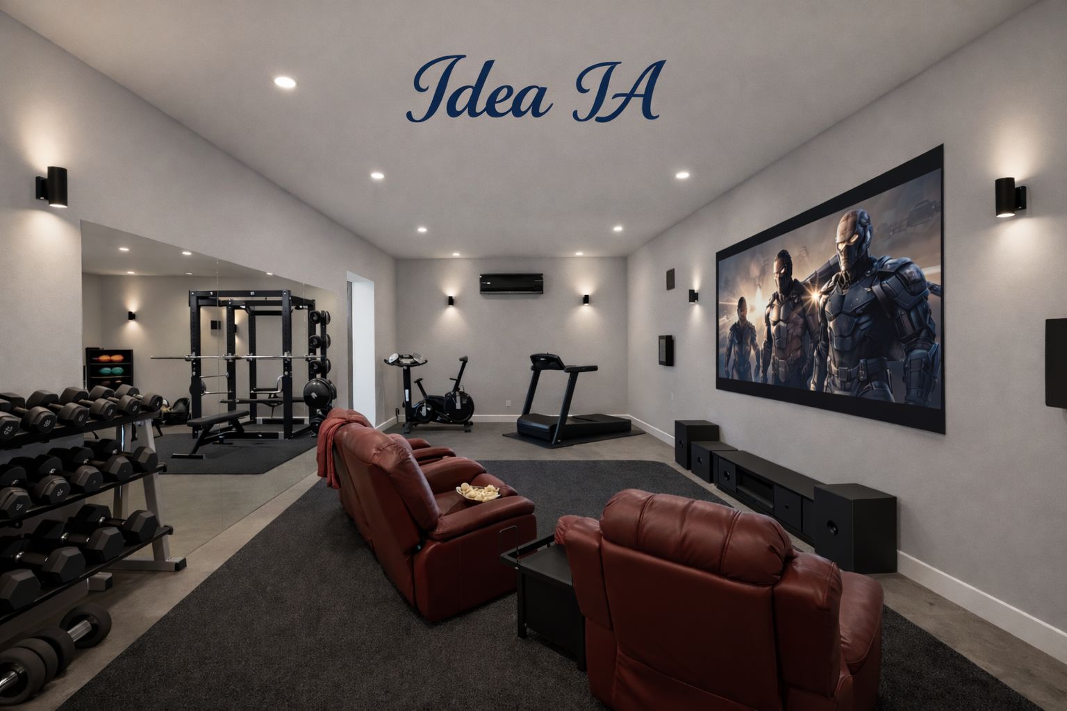 Sala polivalente que combina cine en casa con pantalla de gran formato y gimnasio completo, con iluminación empotrada y climatización individual.