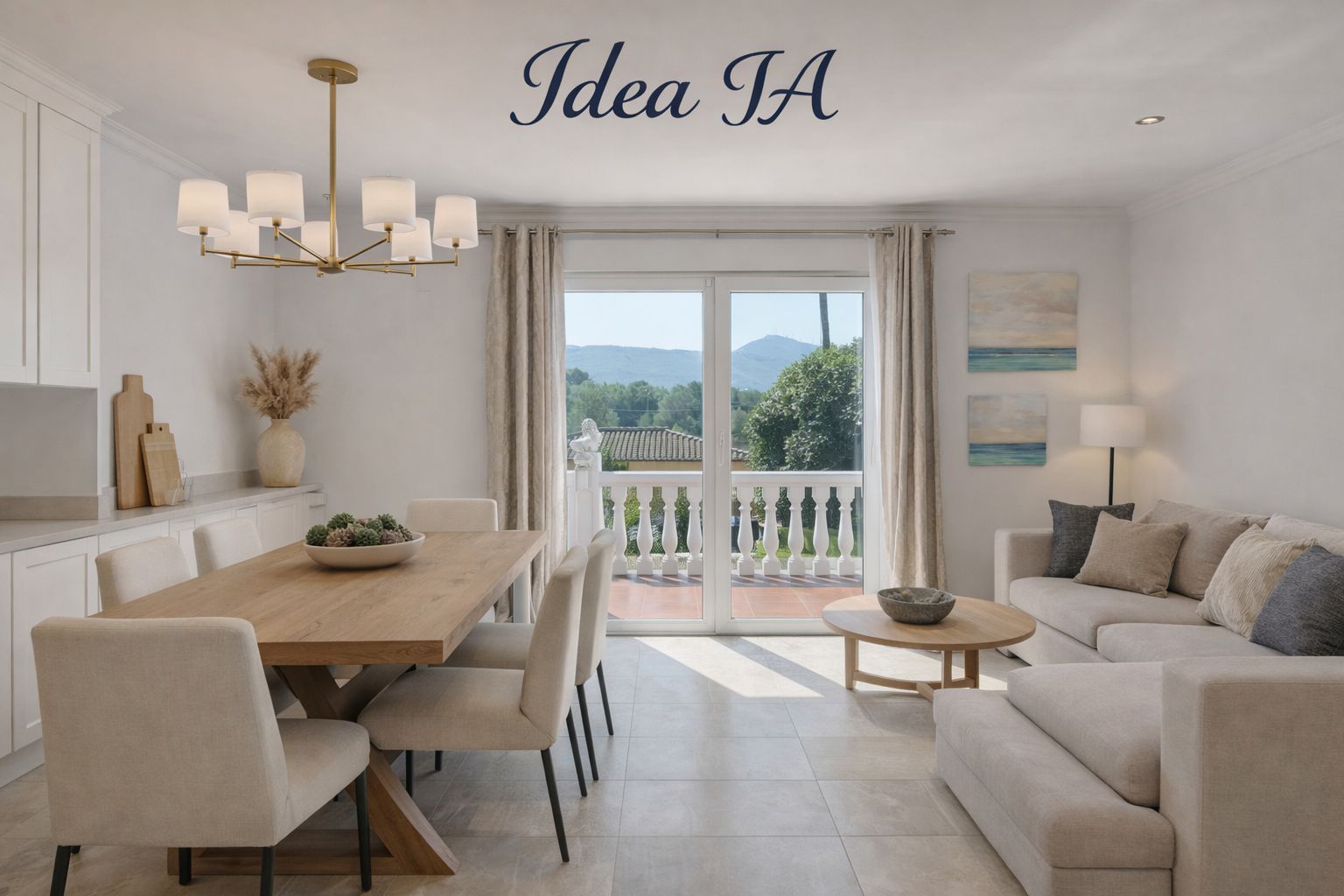 Salón comedor de planta abierta con suelos de gres, mesa de madera y acceso directo a una terraza con balaustrada blanca y vistas despejadas a la montaña.