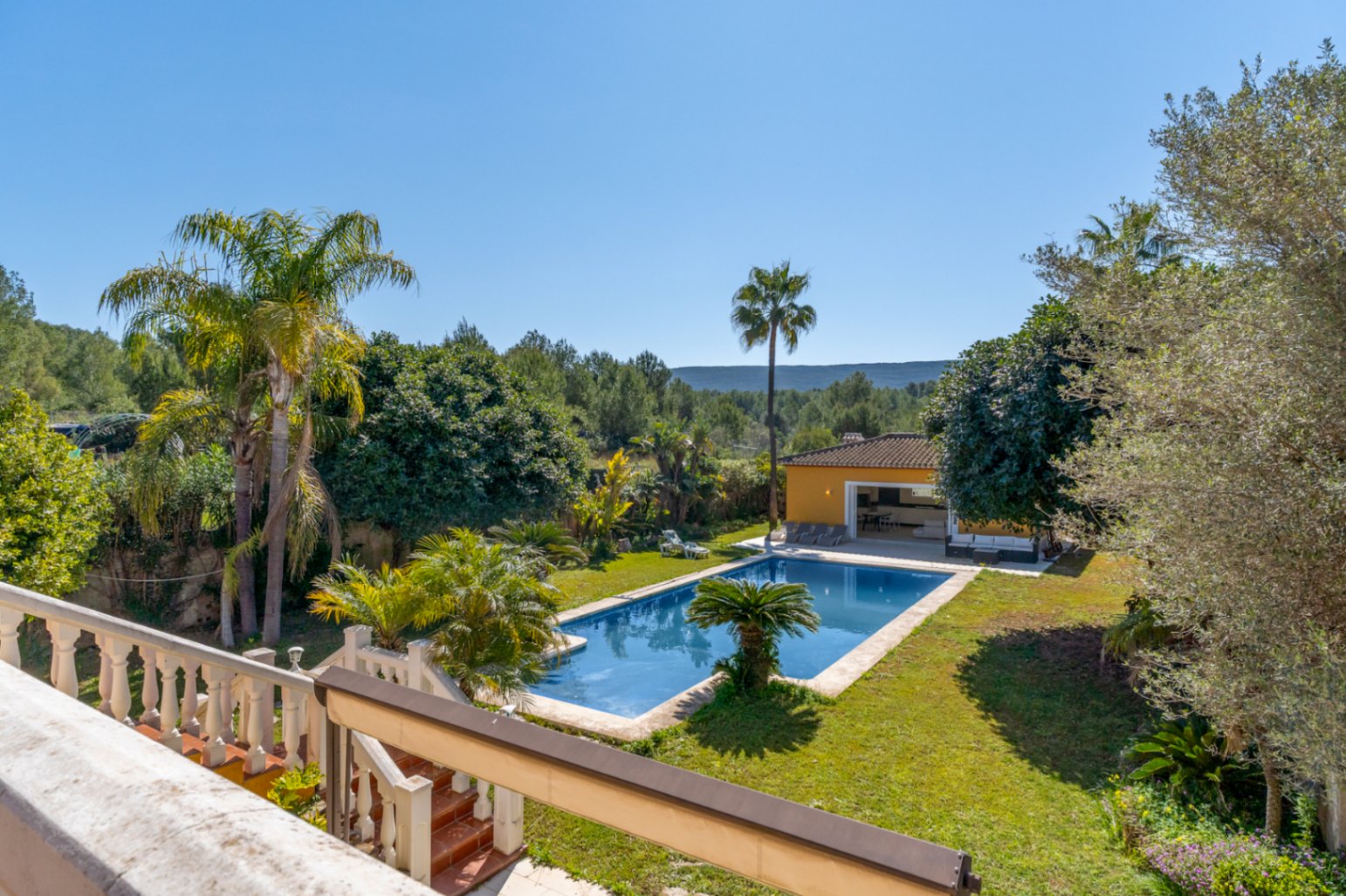 Vista elevada del jardín mediterráneo con piscina rectangular, palmeras y zona de barbacoa cubierta, rodeada de un entorno natural protegido y vistas abiertas.