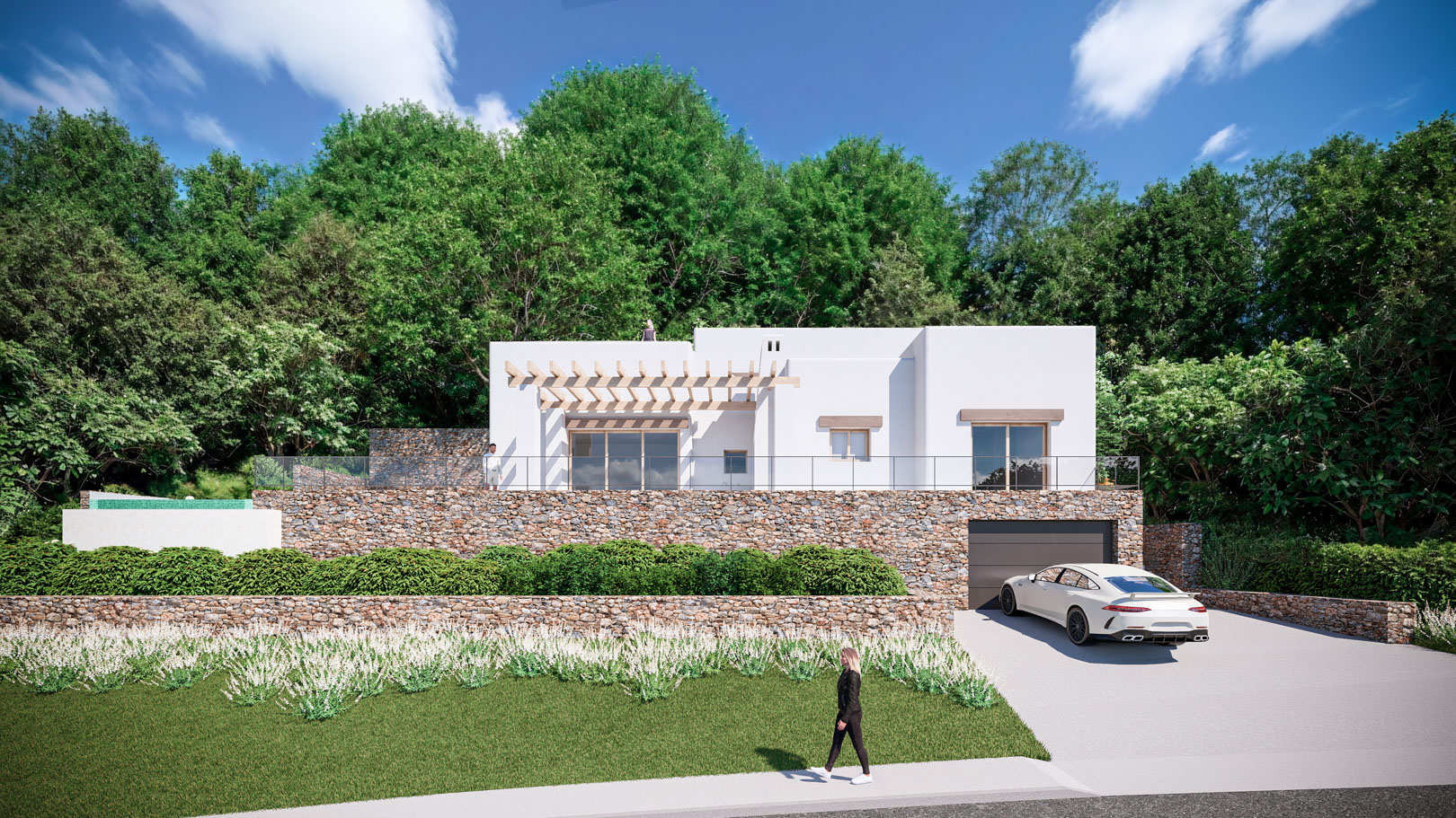 Fachada exterior de estilo ibicenco con muros de piedra natural, pérgola de madera y amplios ventanales, integrada en un entorno boscoso con garaje privado y jardín.