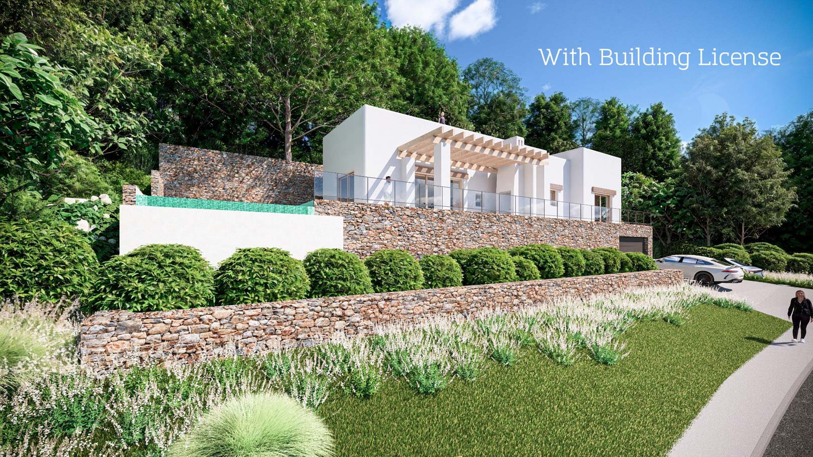Fachada exterior de estilo ibicenco con muros de piedra natural, pérgola de madera y piscina integrada en una parcela elevada rodeada de vegetación.