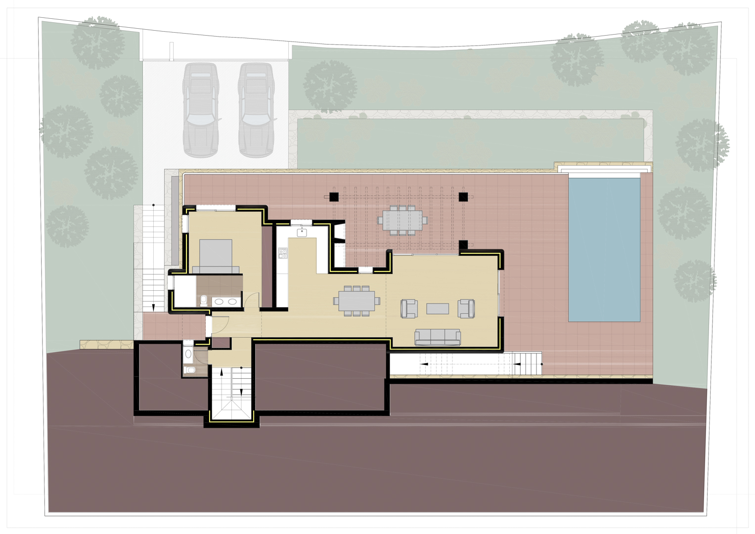 Plano detallado de la planta principal que muestra la distribución de concepto abierto, el dormitorio con baño en suite y la amplia terraza con piscina.