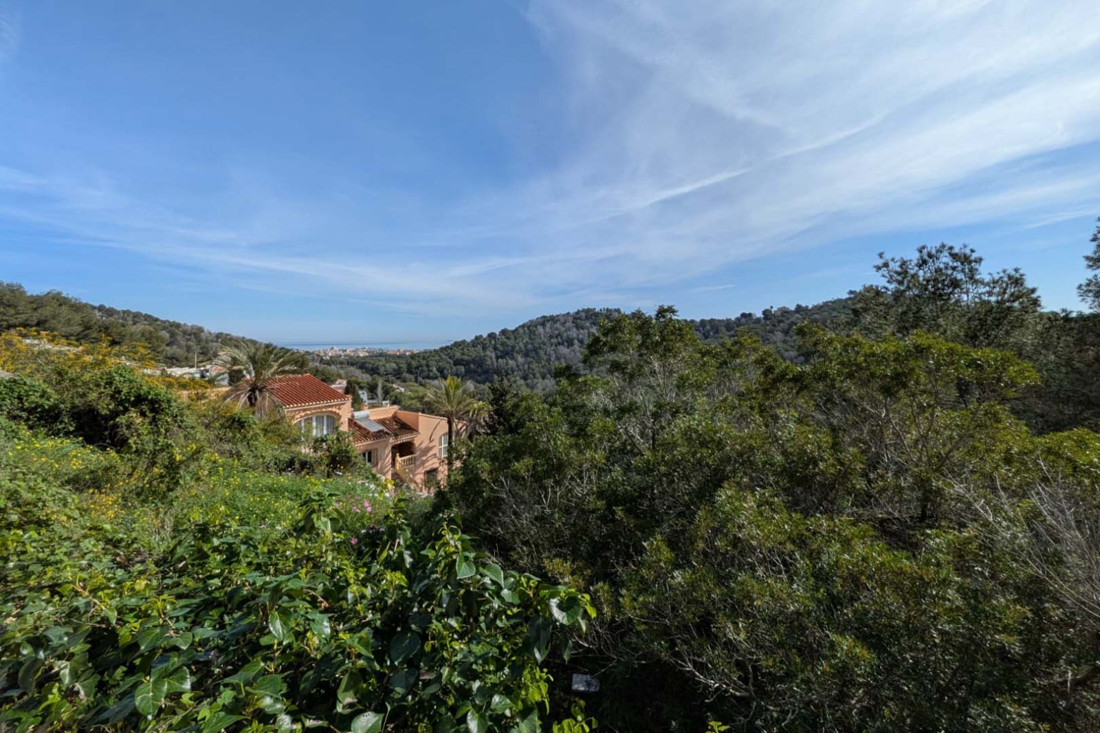 Vista panorámica desde la parcela hacia el mar y las colinas boscosas, con vegetación mediterránea autóctona en primer plano y viviendas unifamiliares integradas.