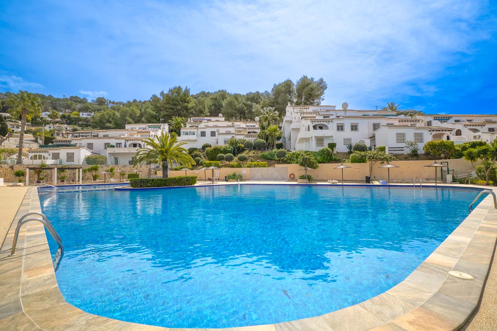 Amplia piscina comunitaria de diseño curvo rodeada de zonas de solárium, sombrillas de brezo y vegetación mediterránea con vistas a las viviendas escalonadas de Pueblo Alcasar.