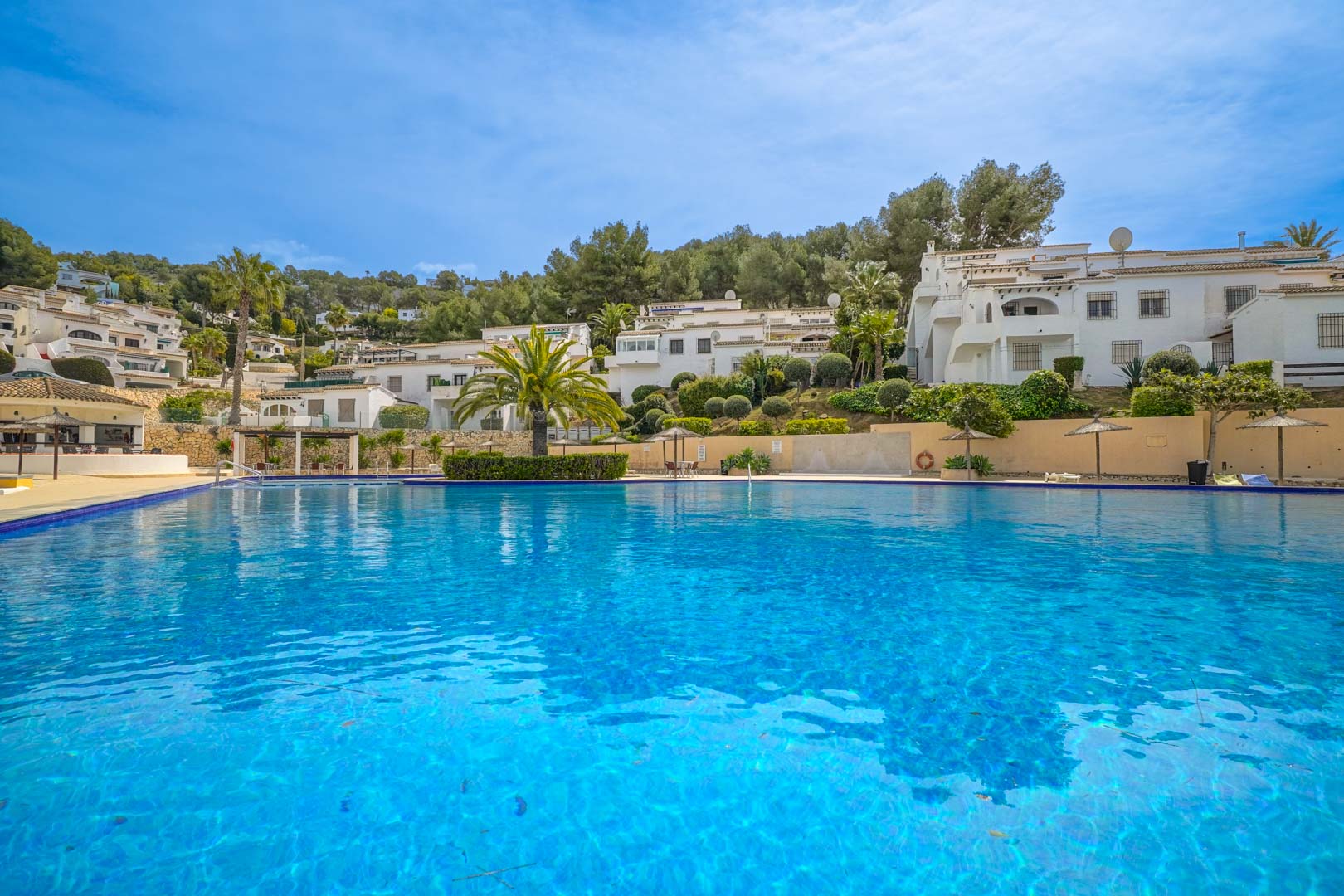 Amplia piscina comunitaria de gresite azul rodeada de jardines mediterráneos y sombrillas, con vistas a las edificaciones blancas de Pueblo Alcasar bajo un cielo despejado.