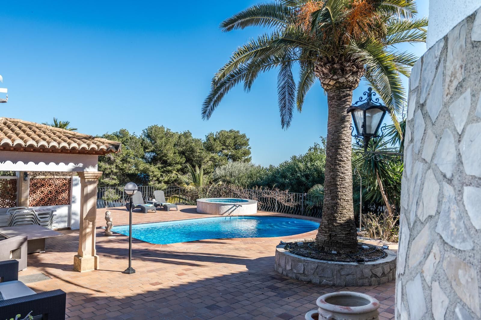 Terraza con piscina curva, jacuzzi elevado y una gran palmera central. El espacio incluye un porche cubierto con columnas de piedra y suelos de terracota bajo el sol de Jávea.