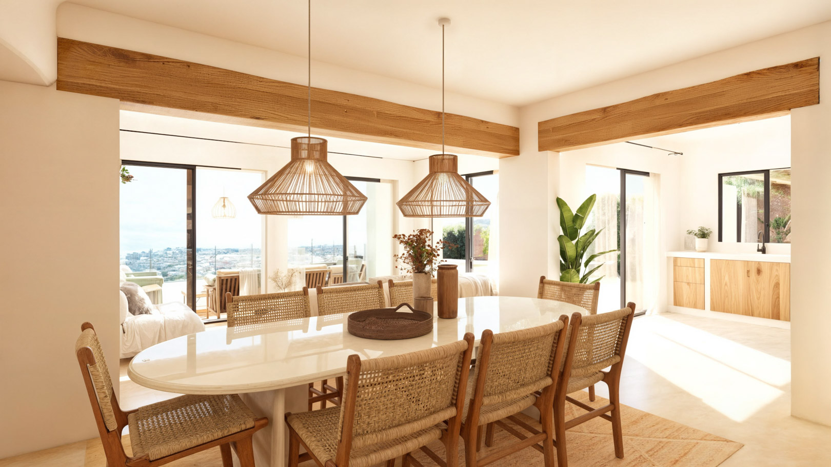 Comedor de concepto abierto con vigas de madera natural, mesa ovalada y lámparas de fibra, conectado a la terraza con vistas al mar mediante grandes ventanales.