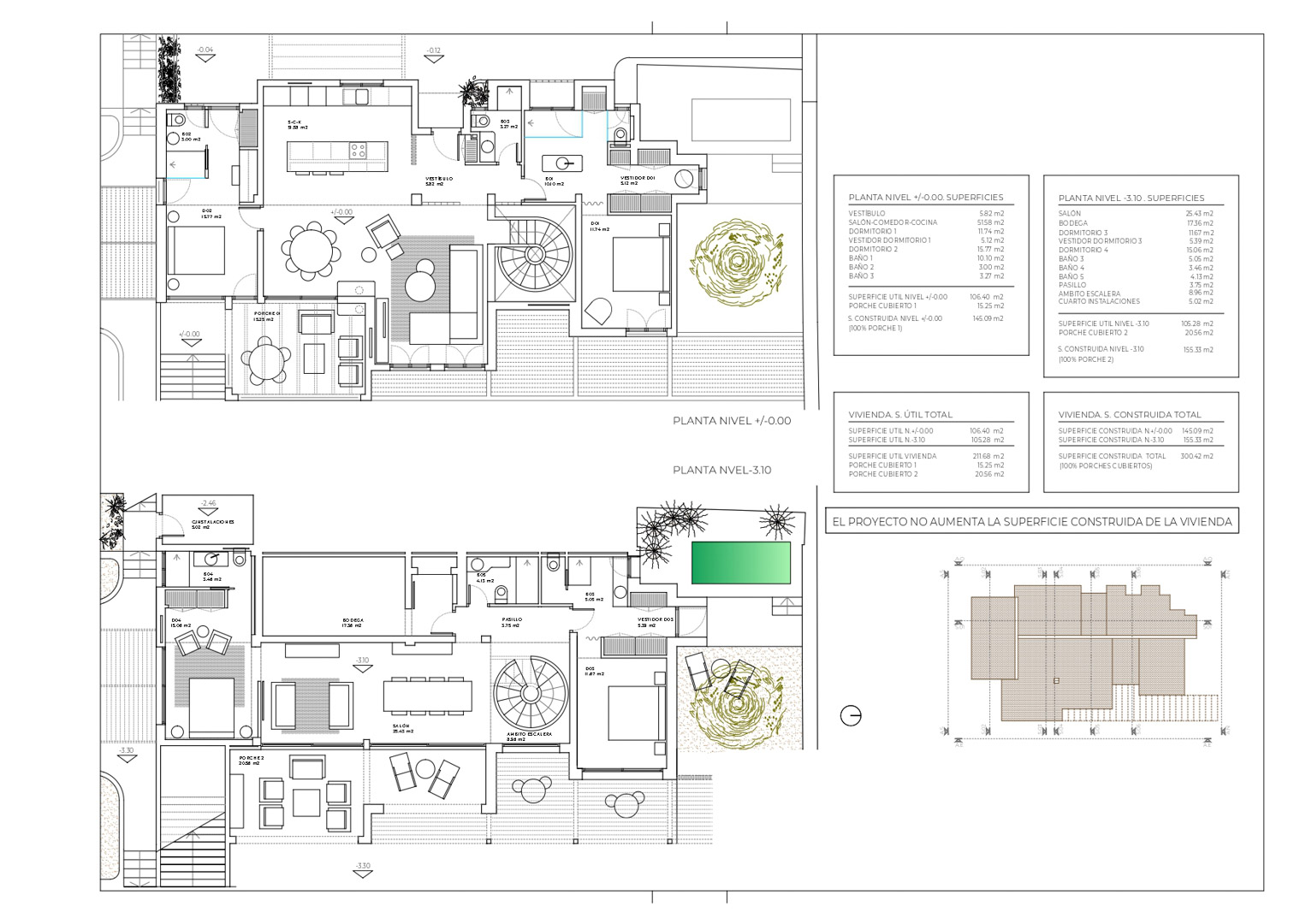 Plano arquitectónico detallado que muestra la distribución de las dos plantas, incluyendo zonas de estar, dormitorios en suite, escalera de caracol y amplias terrazas exteriores.