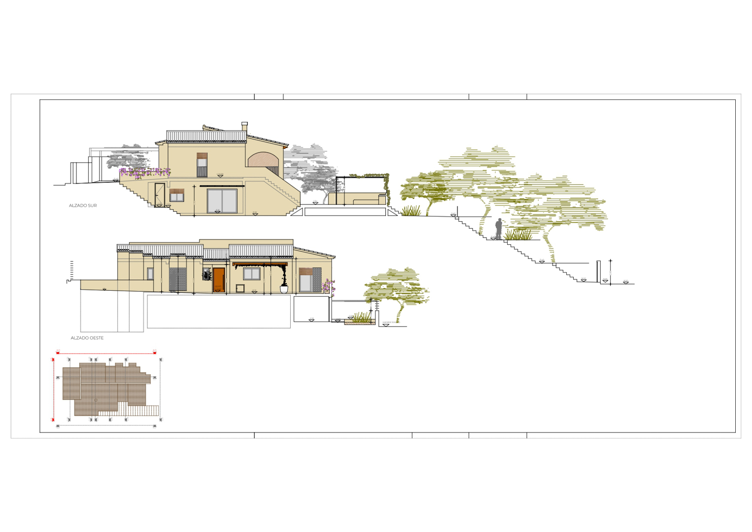Planos técnicos de los alzados sur y oeste, detallando la volumetría de la villa, sus terrazas y la integración arquitectónica en el terreno inclinado.