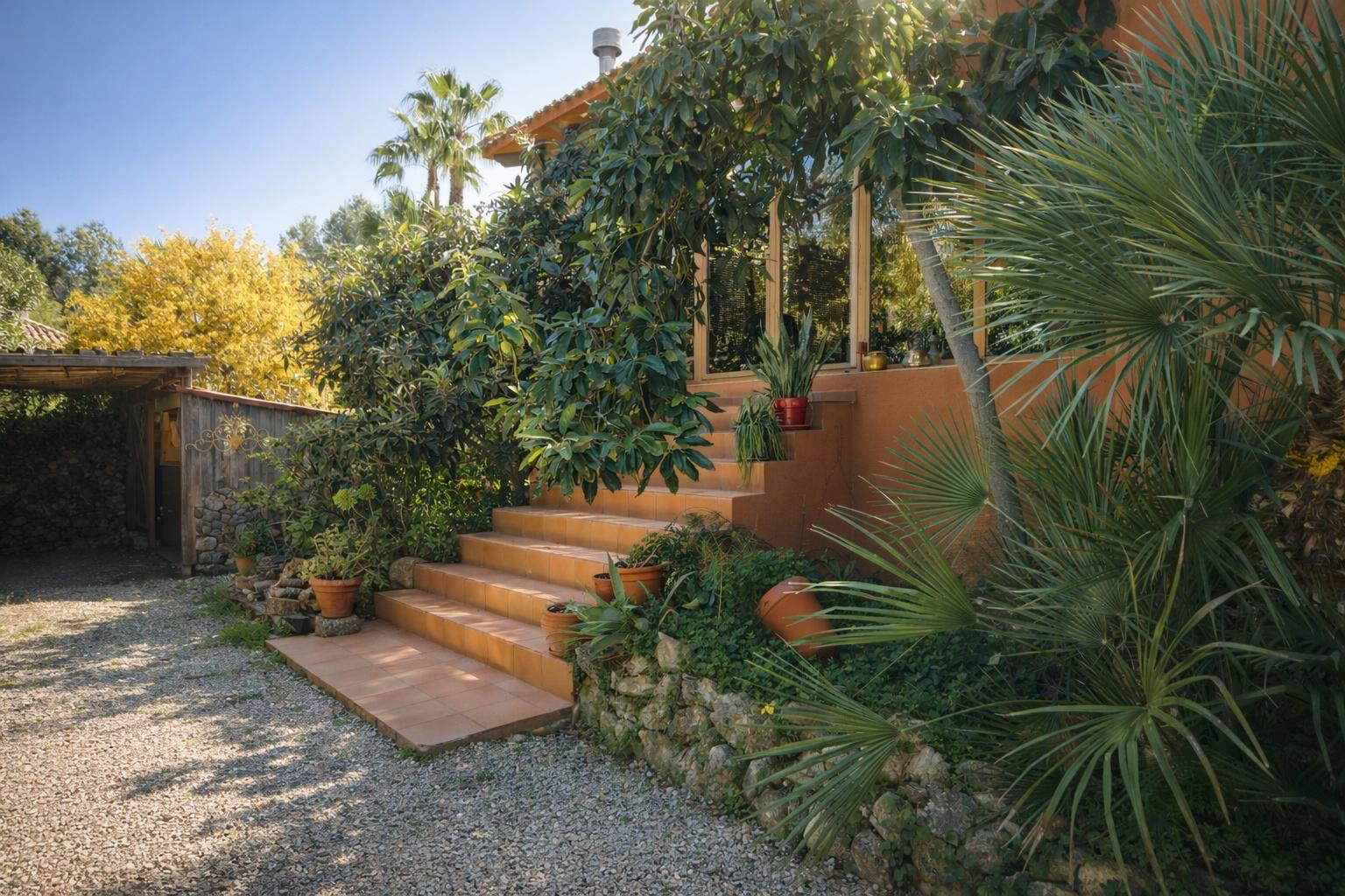 Escalera de gres que da acceso a la naya acristalada, integrada en un jardín con palmeras, muros de piedra seca y zona de aparcamiento de grava.
