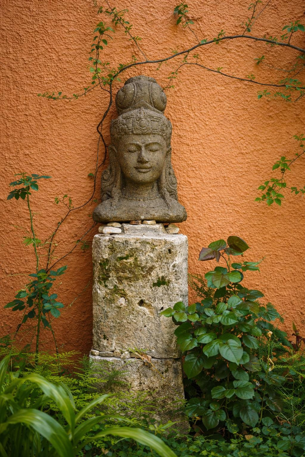 Escultura decorativa de piedra sobre pedestal rústico, integrada en un jardín con vegetación natural frente a una pared de tono terracota.