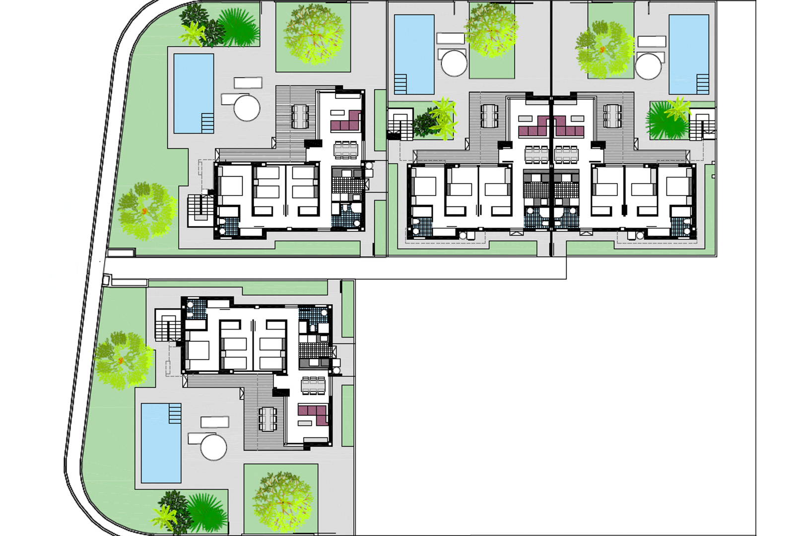 Plano de conjunto que detalla la distribución de cuatro viviendas independientes con sus respectivos jardines, piscinas privadas y organización interior de tres dormitorios.