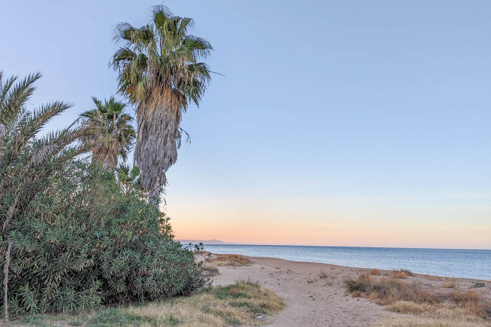 Vista de la playa cercana con dunas de arena, palmeras y vegetación autóctona bajo un cielo despejado al atardecer, situada a menos de dos kilómetros de la vivienda.