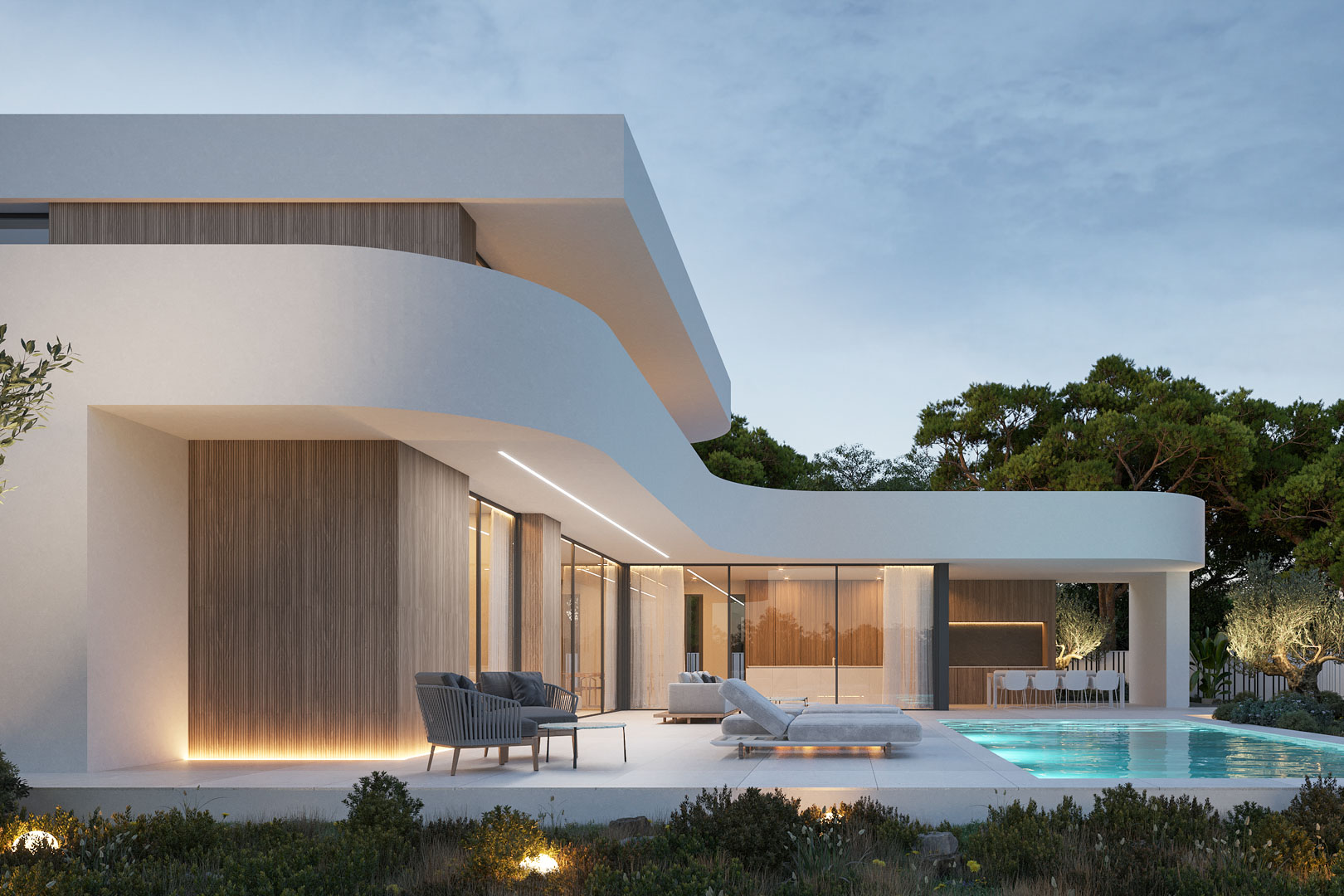Fachada moderna con líneas curvas y paneles de madera, destacando la terraza con piscina iluminada y grandes ventanales que integran el interior con el exterior.