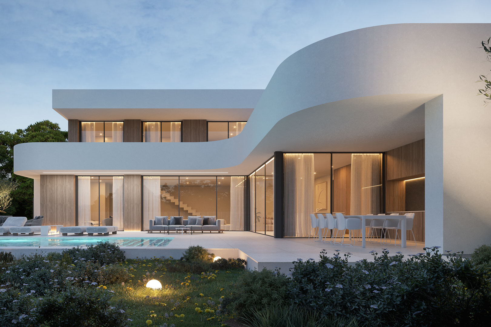 Fachada moderna de líneas curvas con amplios ventanales, terraza de gres porcelánico, comedor exterior y piscina integrada con iluminación nocturna.