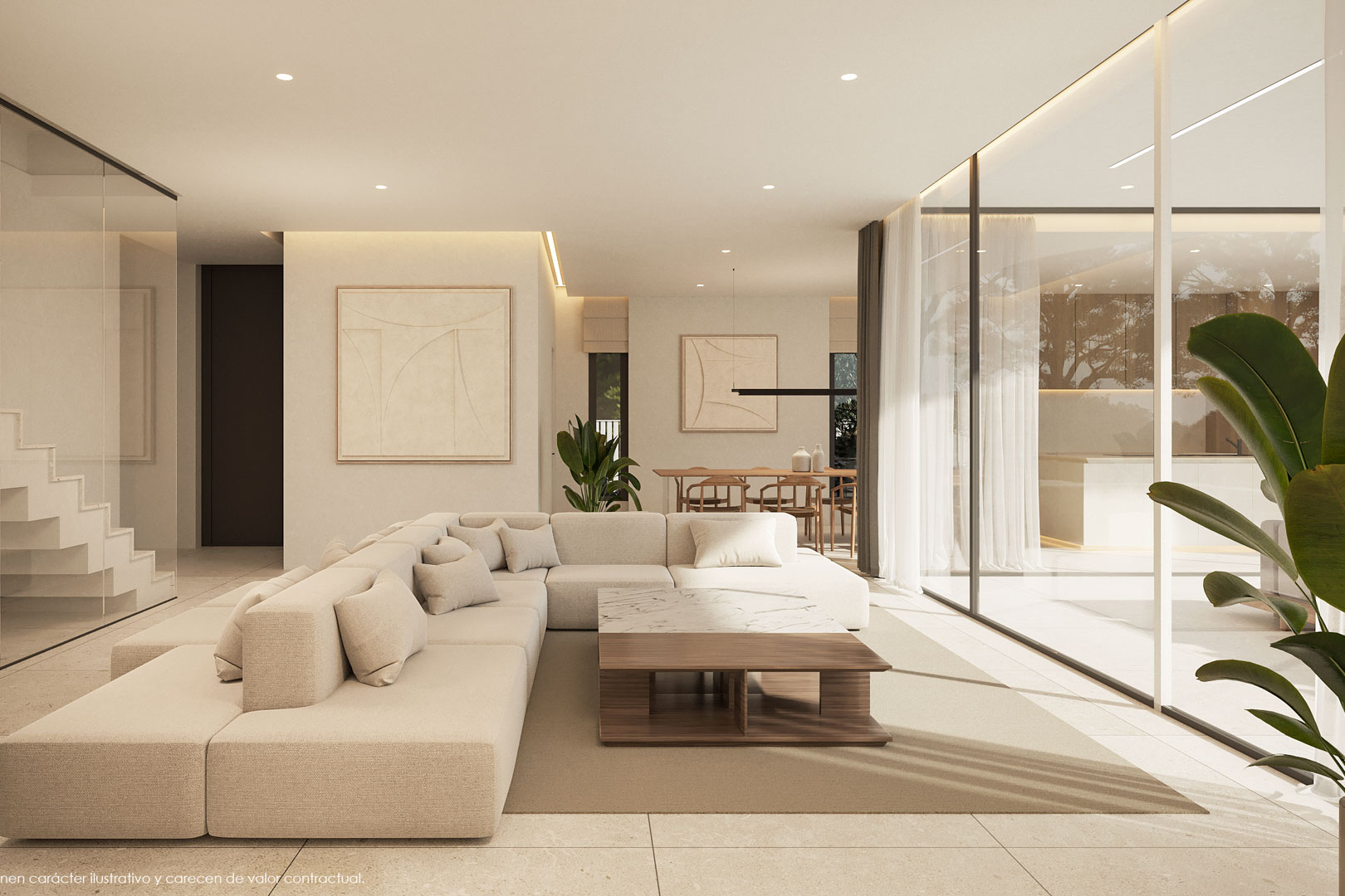 Salón de planta abierta con sofá modular, ventanales de suelo a techo y una escalera minimalista con barandilla de cristal que maximiza la luz.