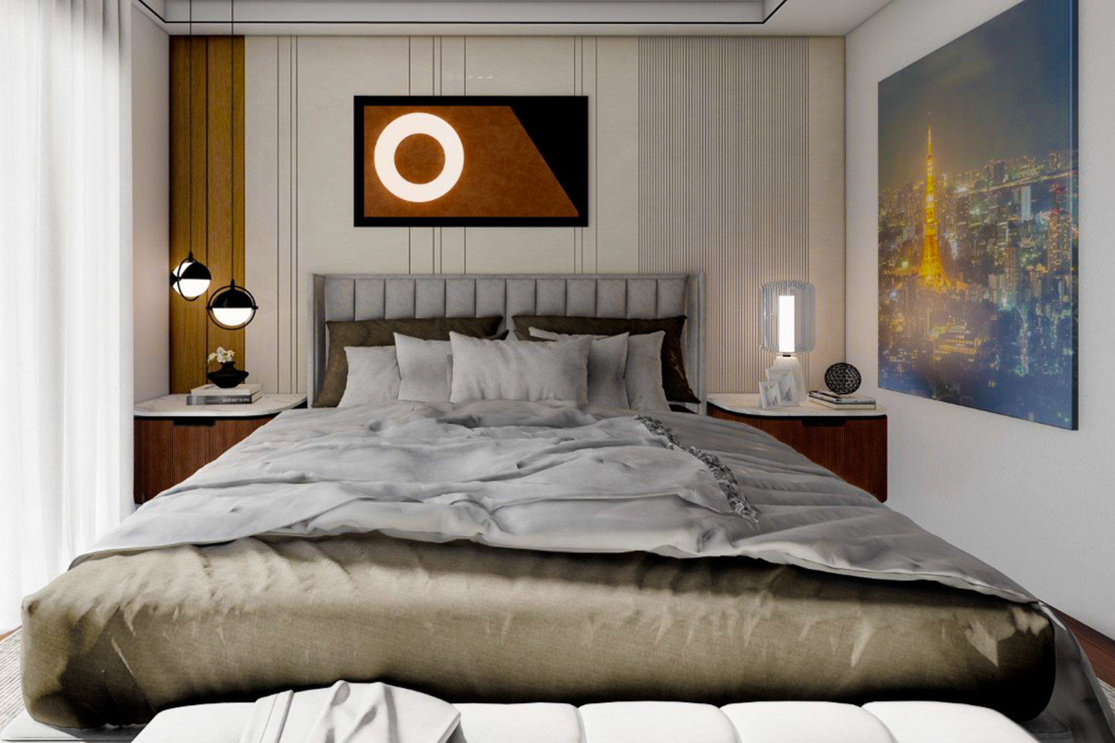 Dormitorio con cabecero tapizado gris, ropa de cama en tonos neutros y decoración minimalista.