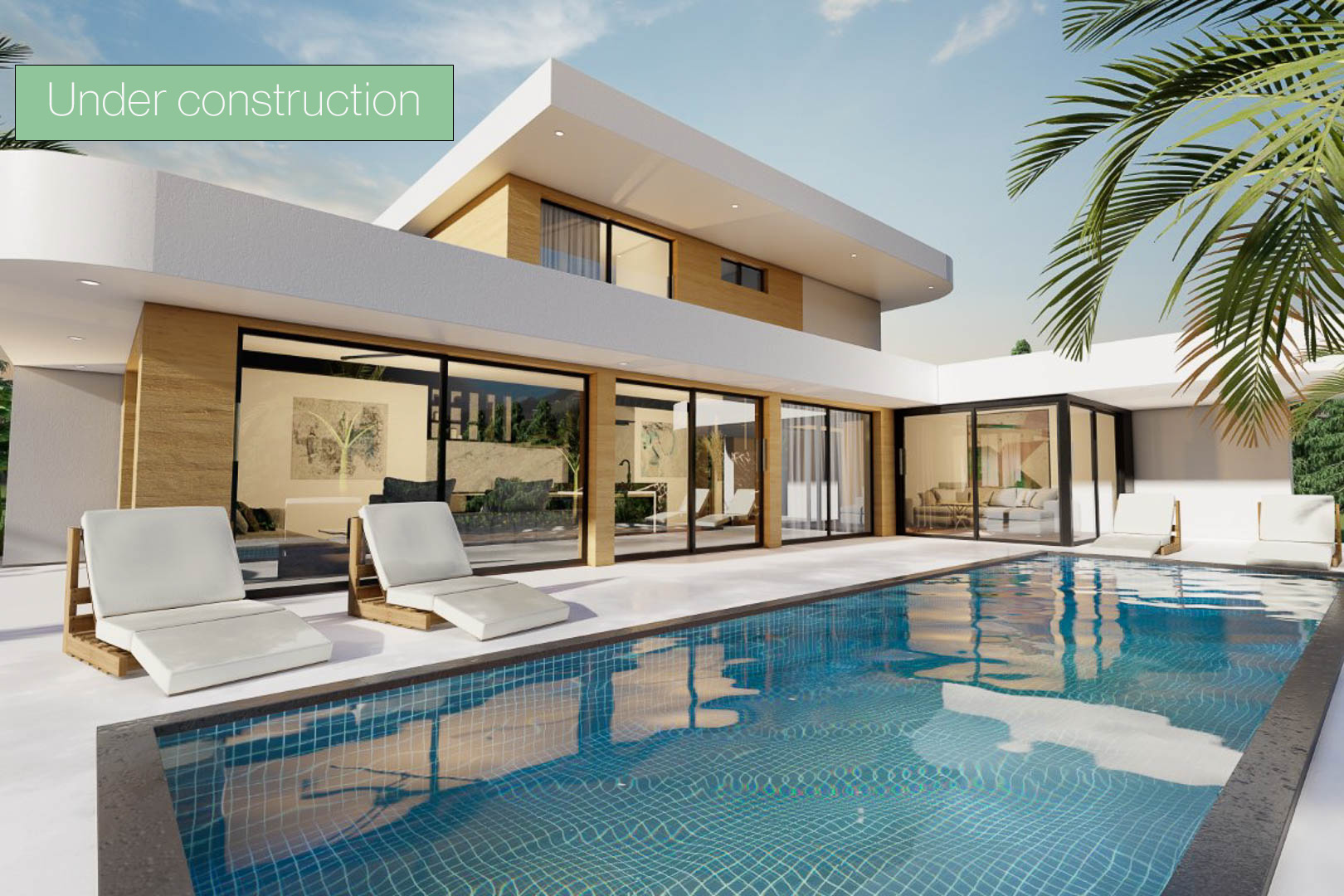 Vista de la piscina azul turquesa con tumbonas blancas y fachada moderna de la villa en construcción.