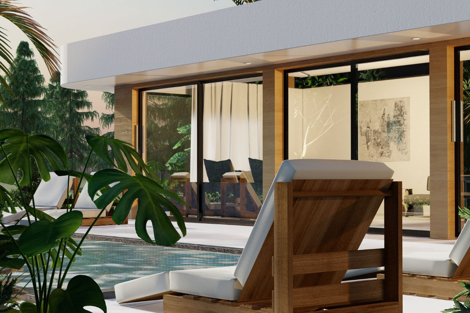 Vista de la terraza con tumbonas de madera y piscina. Amplias cristaleras conectan el interior con el exterior.