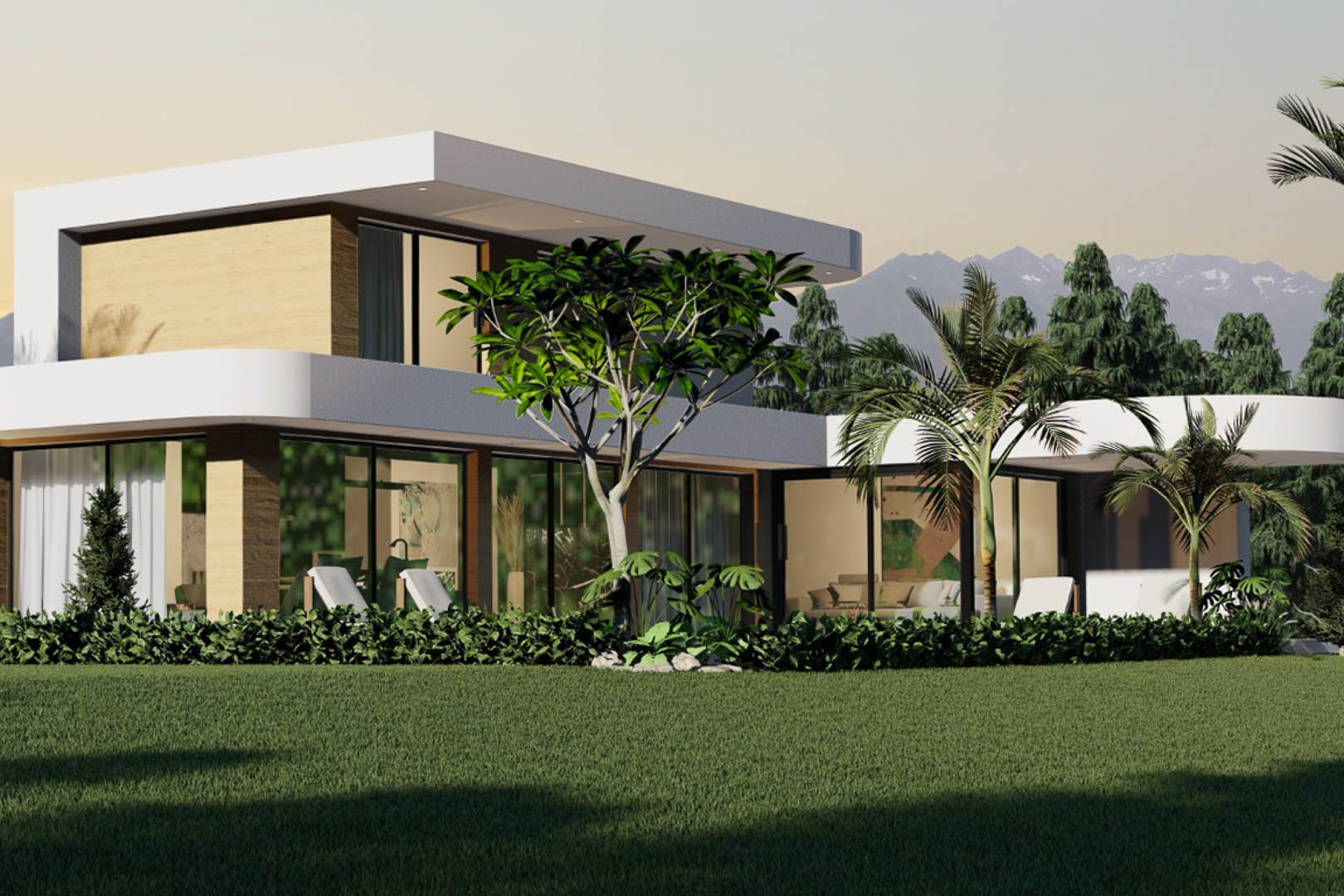 Vista exterior de la villa moderna con amplios ventanales, jardín y vegetación exuberante.