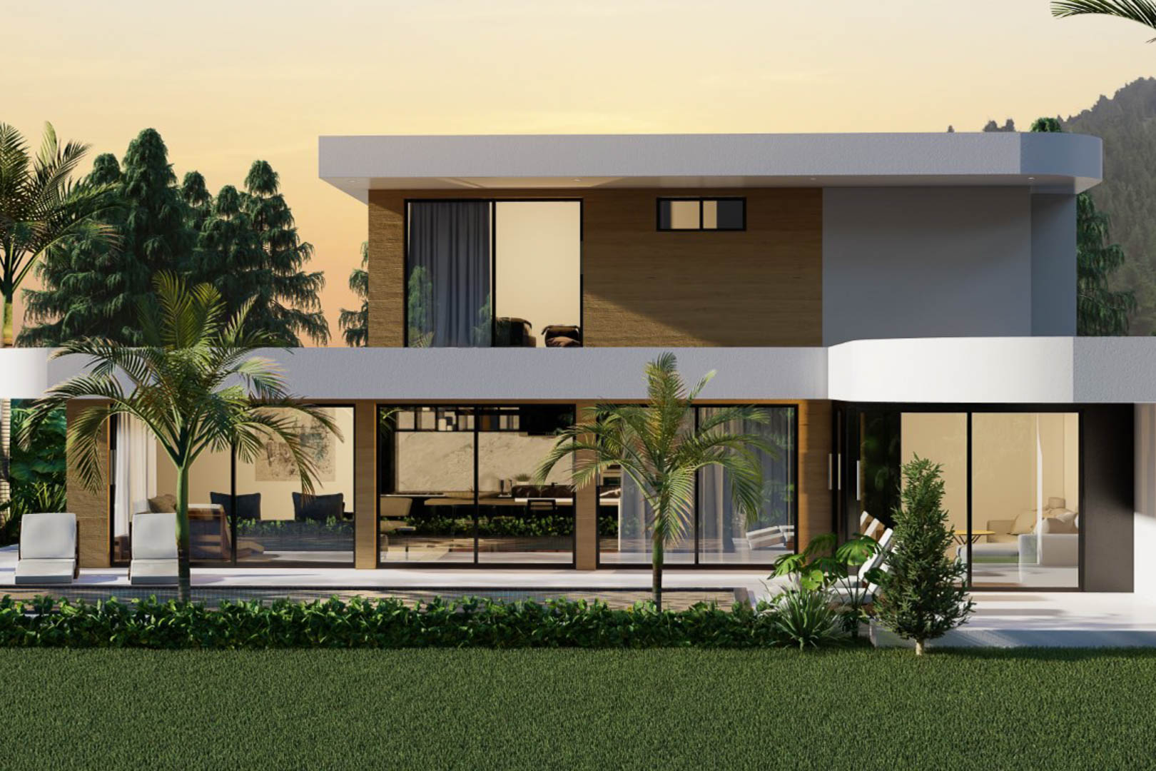 Vista exterior de la villa moderna con amplios ventanales y jardín con piscina.