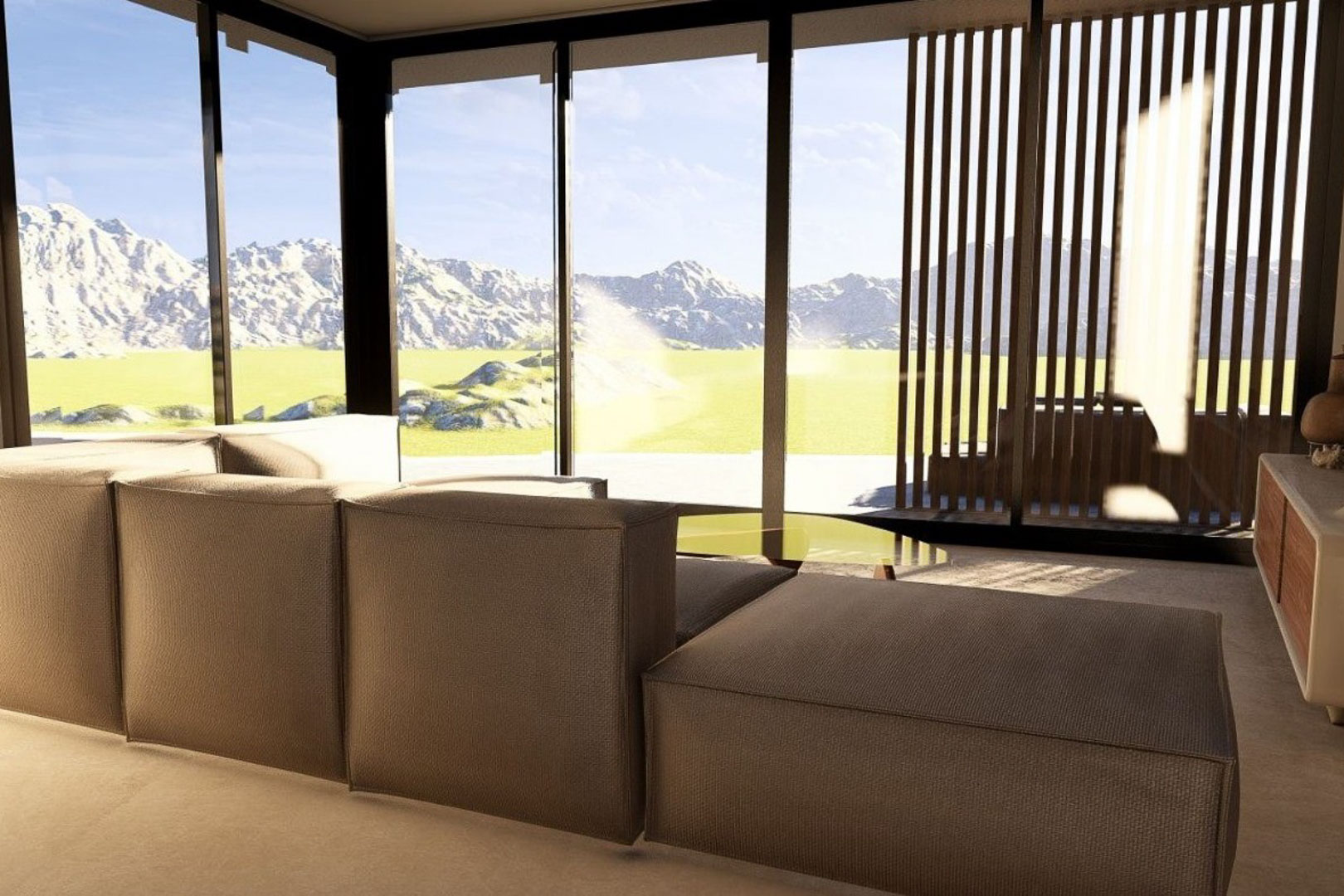 Salón moderno con sofá modular y amplios ventanales de suelo a techo que ofrecen vistas panorámicas a las montañas. Incluye detalles de listones de madera verticales.