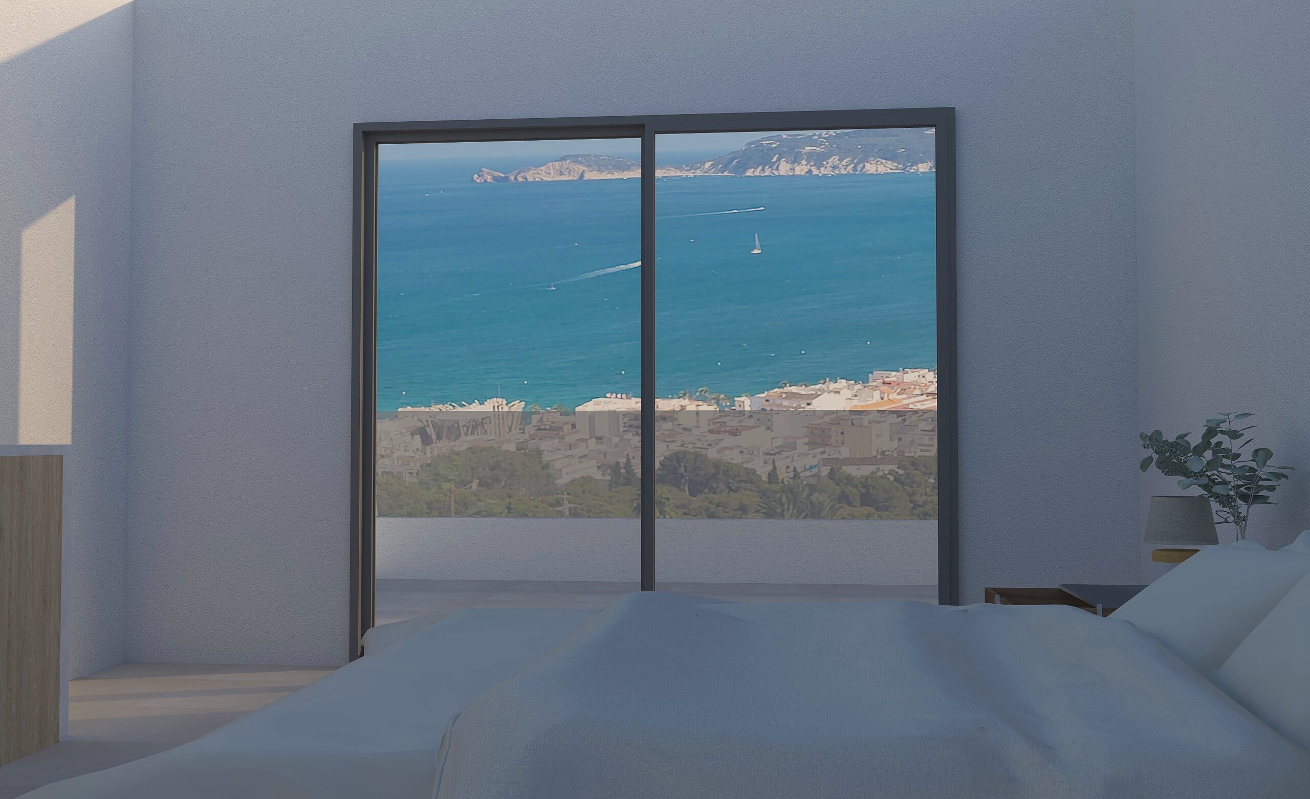 Dormitorio con amplios ventanales correderos de perfil oscuro que ofrecen vistas panorámicas al mar Mediterráneo y al puerto de Jávea.