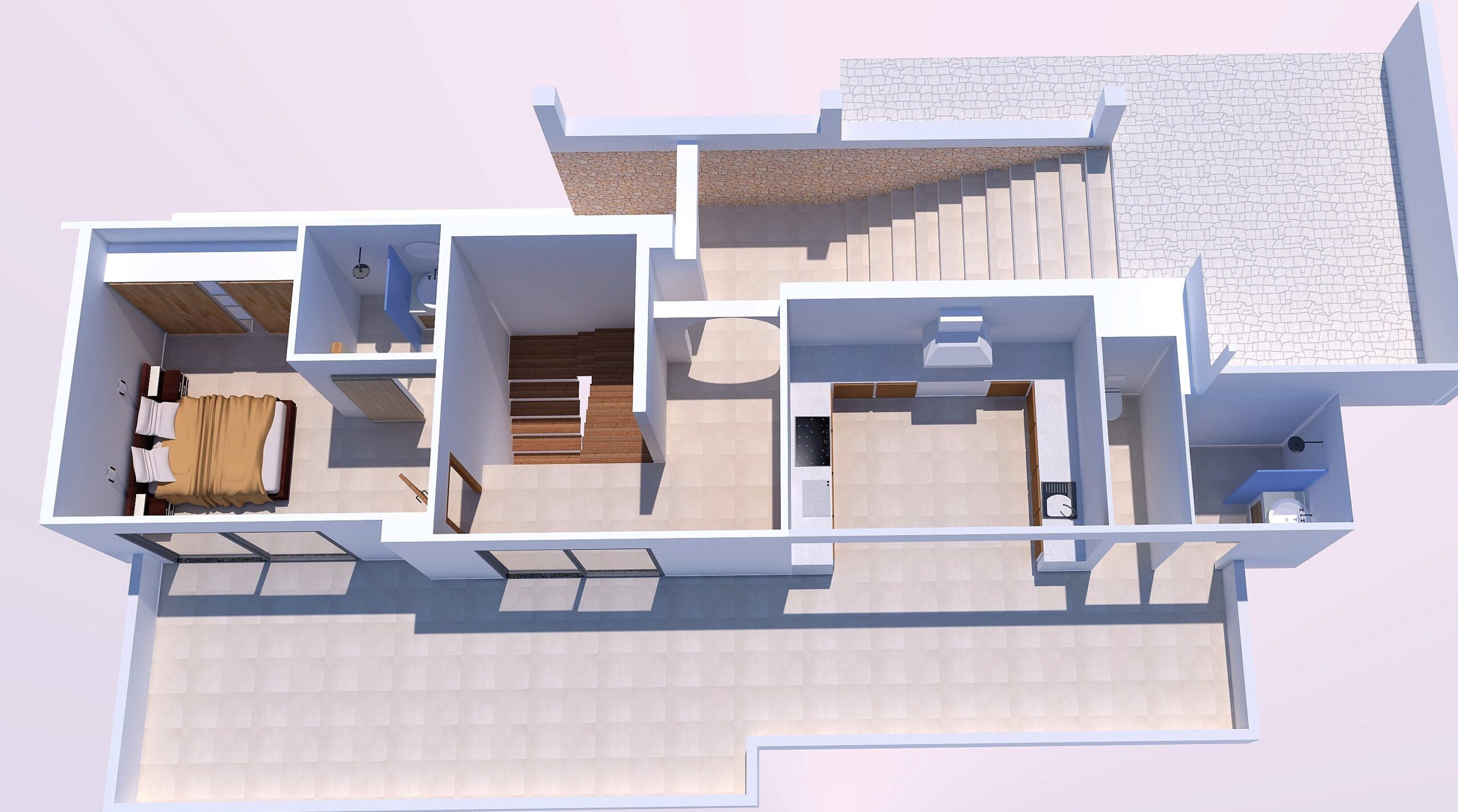 Plano 3D del nivel superior que incluye un dormitorio con armarios de madera, baño en suite, cocina exterior y una amplia terraza frontal con orientación sur.
