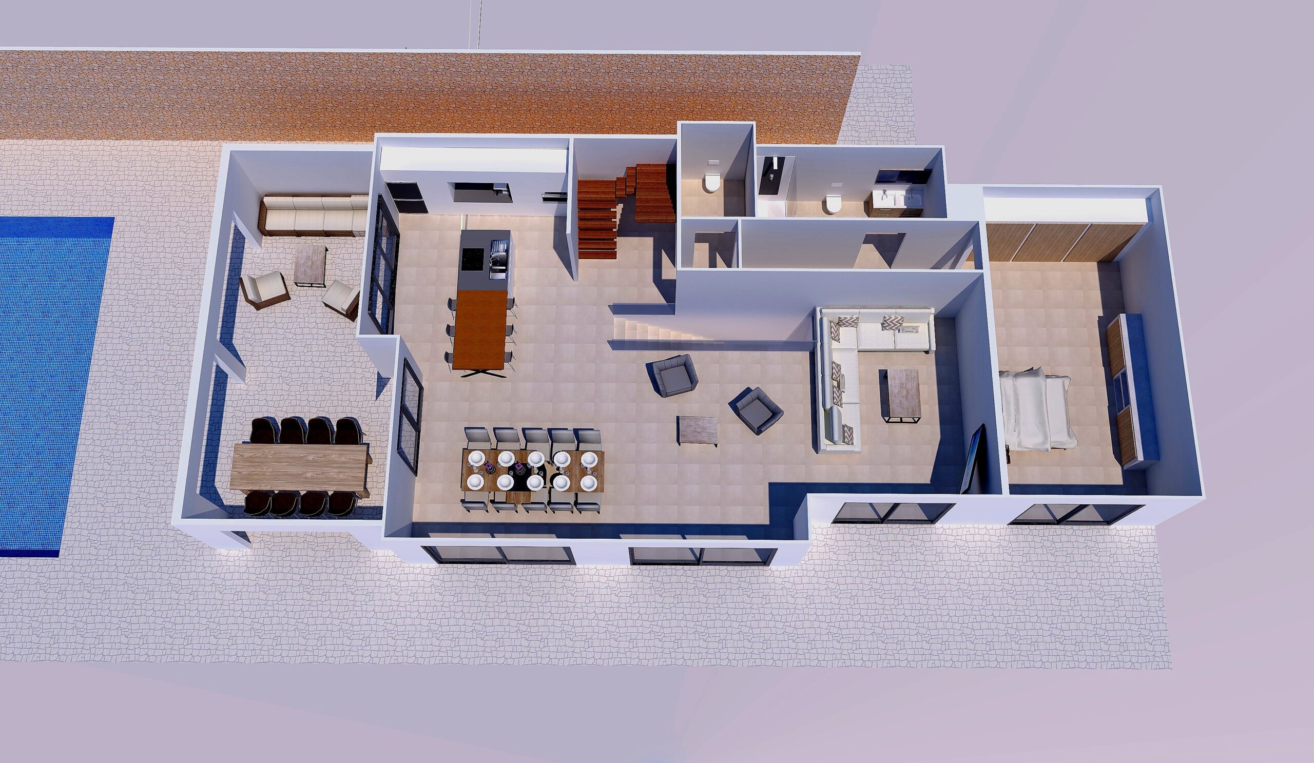 Vista aérea en 3D de la planta principal con salón-comedor diáfano, cocina con isla, dormitorio principal en suite y acceso directo a la terraza con piscina.