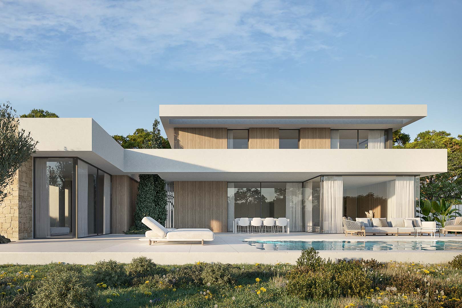 Fachada exterior moderna con paneles de madera y amplios ventanales que integran la zona de piscina y el salón exterior con el entorno natural.