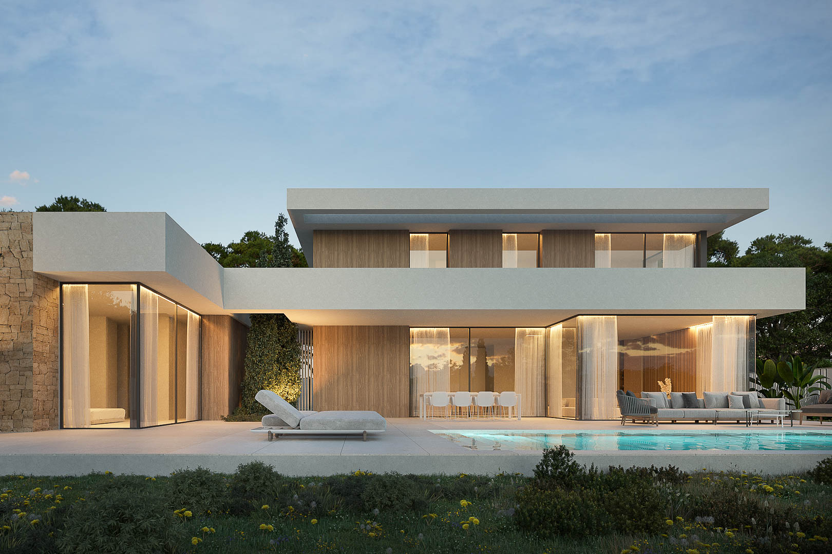 Fachada exterior moderna con piscina integrada, amplios ventanales y revestimientos de madera y piedra natural bajo una iluminación cálida al atardecer.