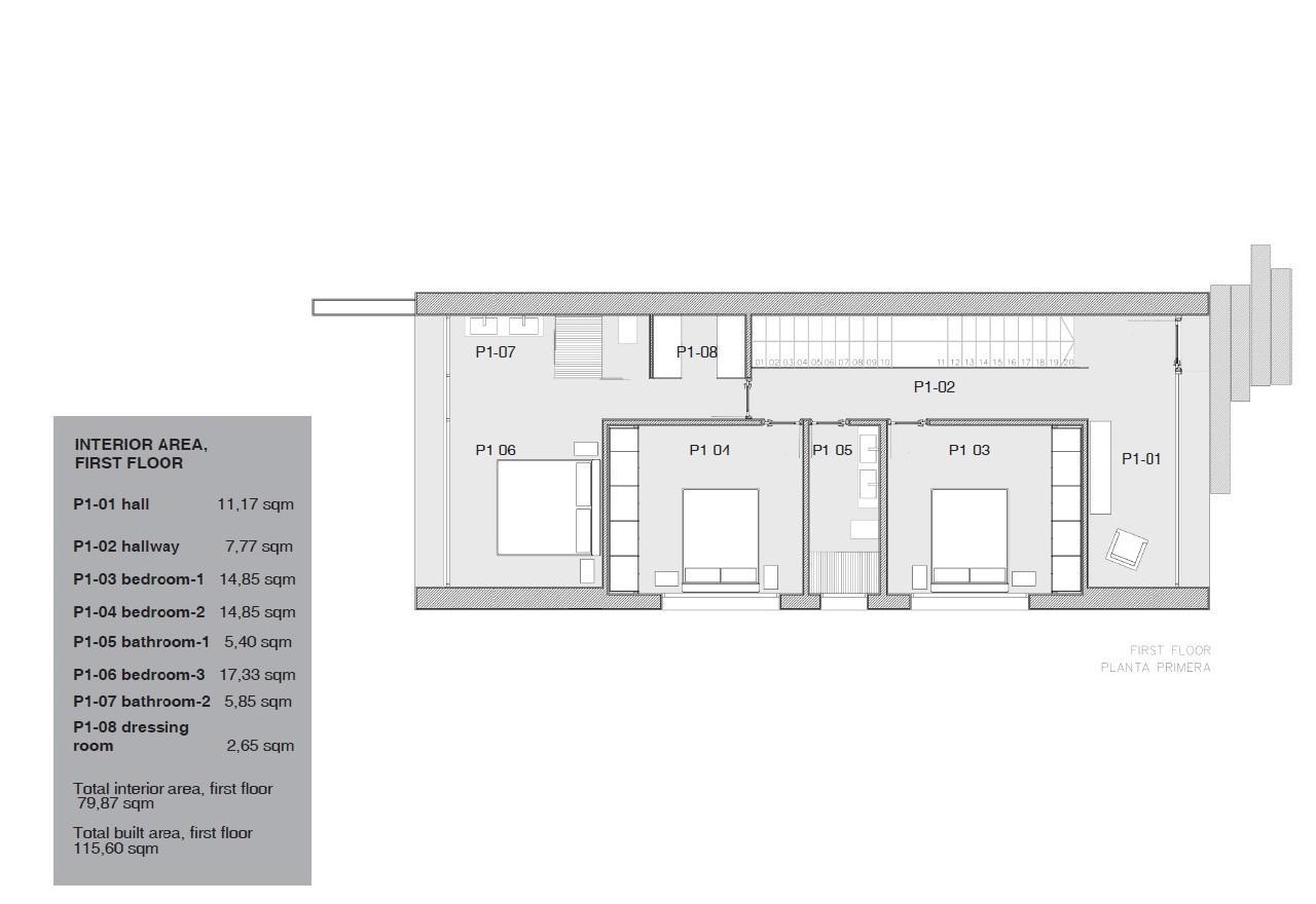 Plano técnico de la planta primera que detalla la distribución de tres dormitorios, dos baños y un vestidor, con una superficie construida de 115,60 m².