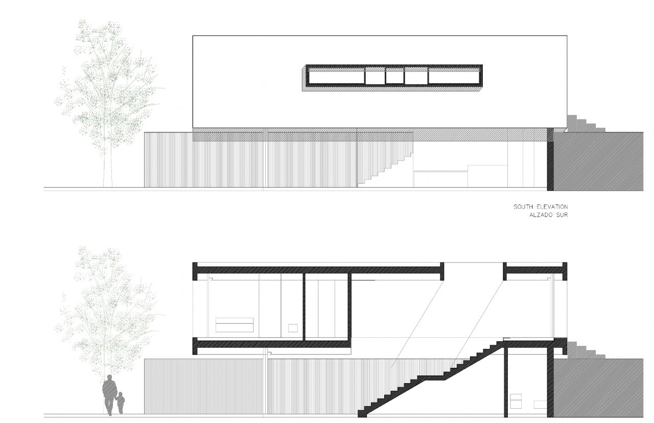 Plano técnico que muestra el alzado sur y una sección transversal del proyecto, destacando su arquitectura minimalista y la distribución funcional de niveles.