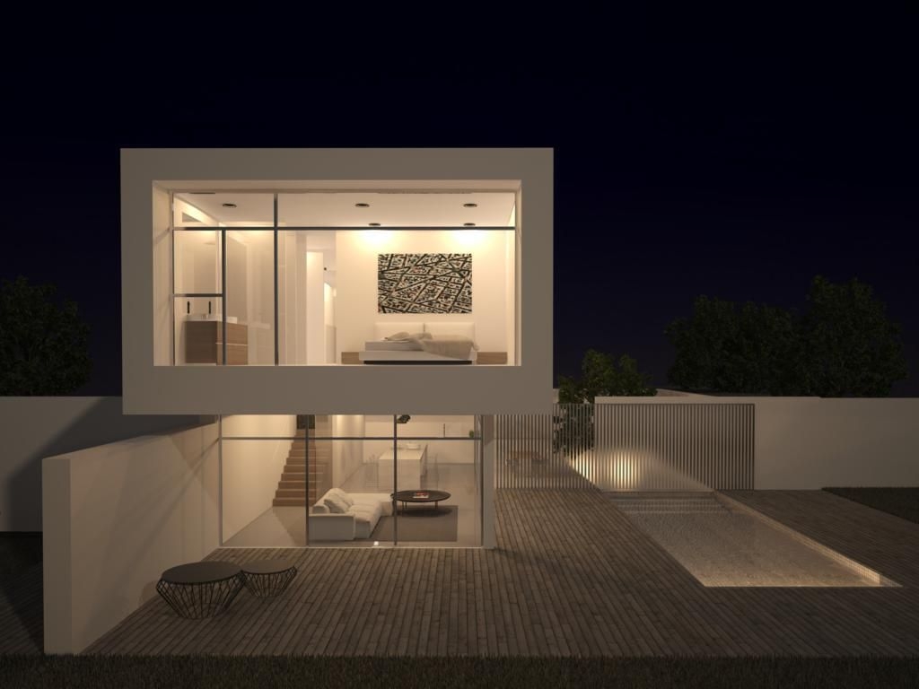 Vista nocturna de la fachada minimalista que muestra el dormitorio principal superior y el salón diáfano conectado a la terraza con piscina y tarima de madera.
