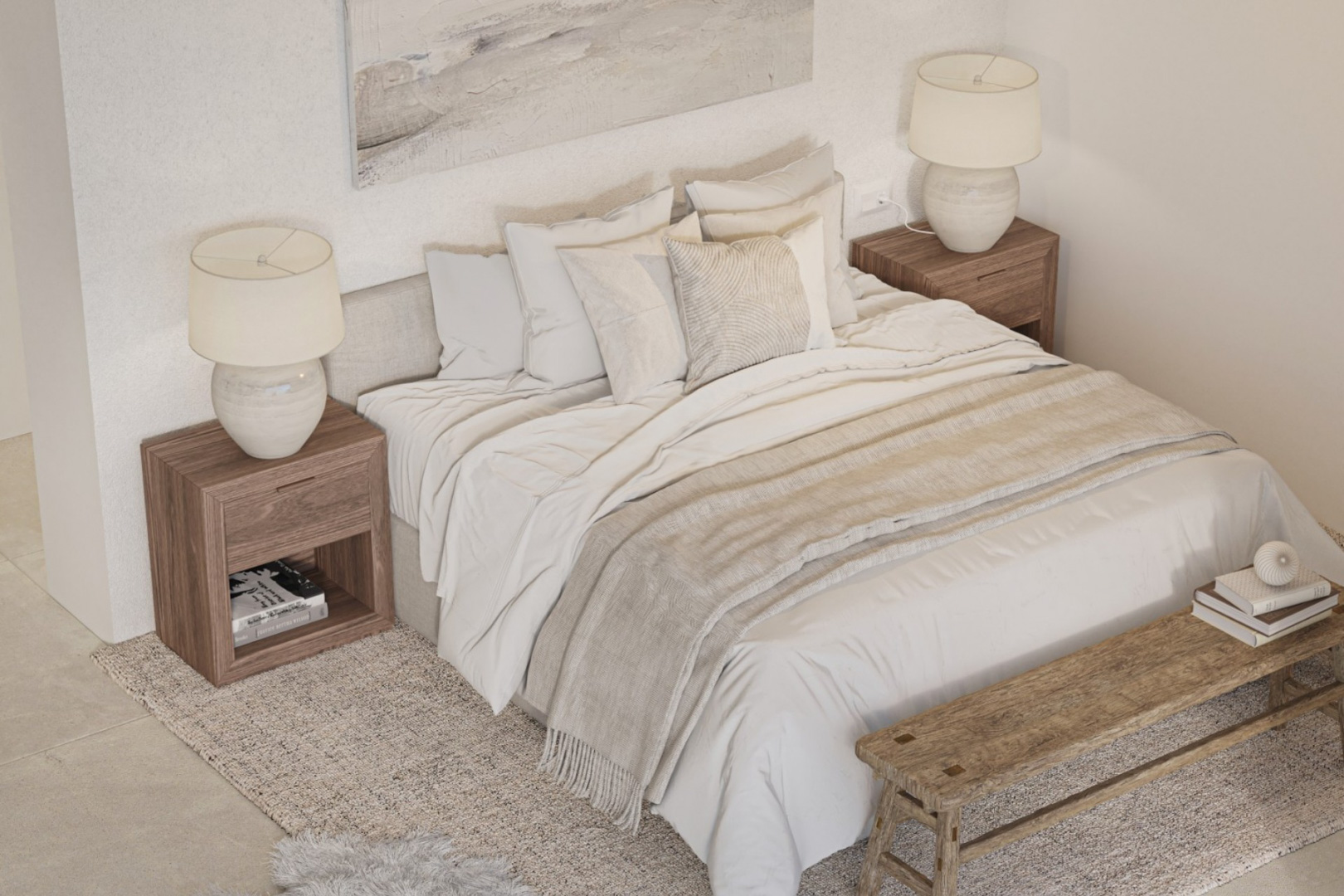 Dormitorio de diseño moderno con cama doble, mesitas de noche en madera natural y lámparas cerámicas. Incluye un banco rústico a los pies y una paleta de colores neutros.