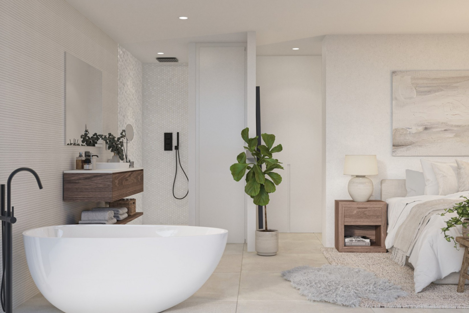 Dormitorio principal con baño integrado, destacando una bañera exenta blanca, grifería negra mate y revestimientos cerámicos texturizados en tonos neutros.