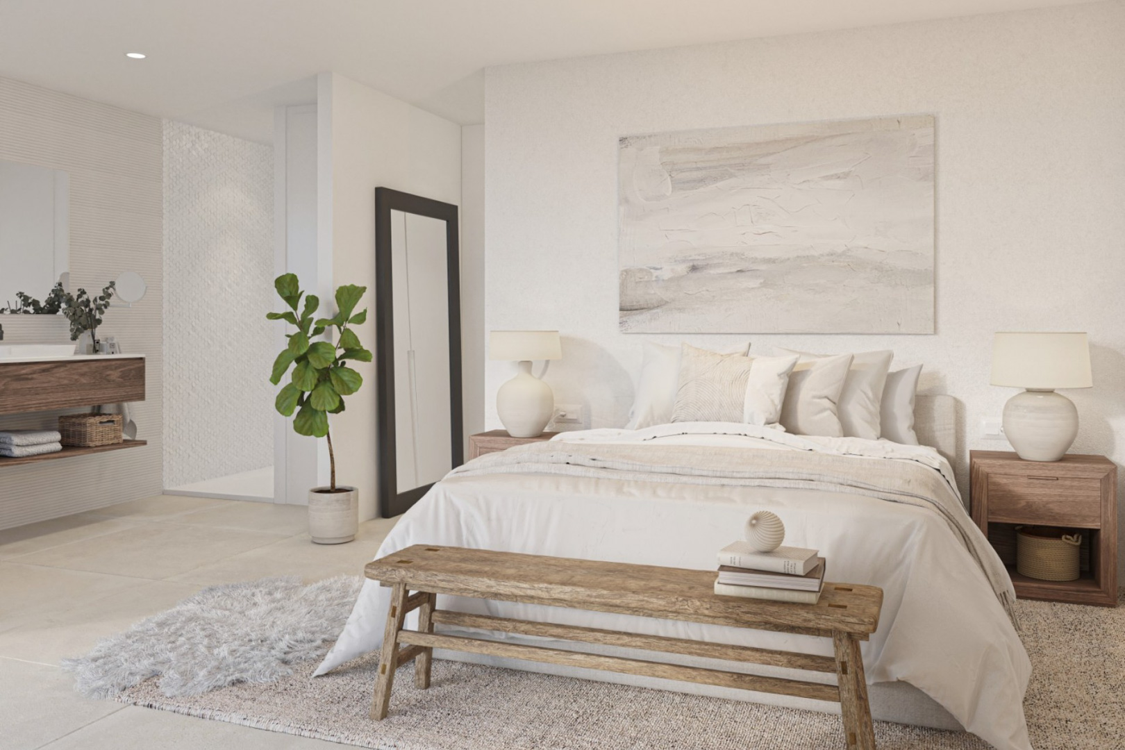 Dormitorio principal con baño integrado, mobiliario de madera natural, textiles en tonos neutros y zona de lavabo con mueble suspendido.