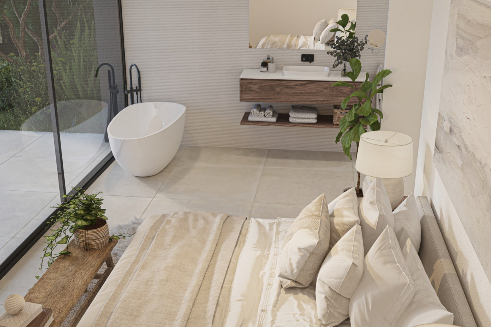Dormitorio principal de concepto abierto con bañera exenta junto al ventanal, mueble de lavabo en madera con grifería negra y acceso directo al exterior.