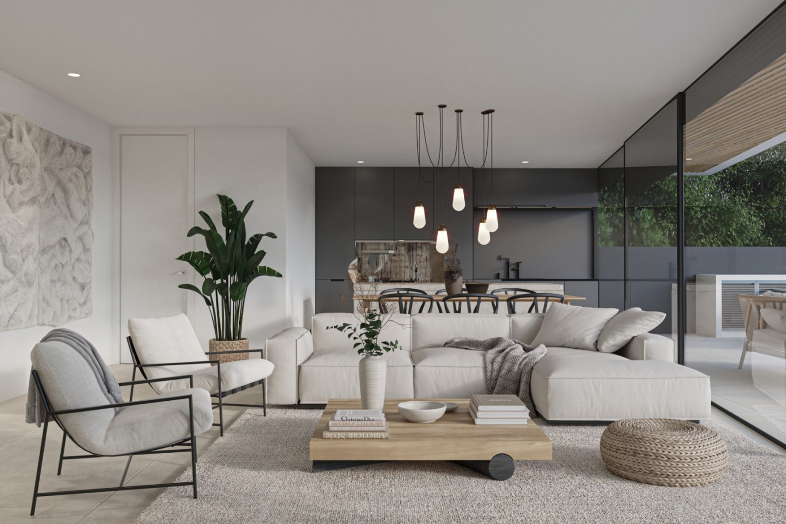 Salón de concepto abierto con mobiliario minimalista en tonos neutros, cocina integrada con armarios oscuros y acceso directo a la terraza a través de grandes ventanales.