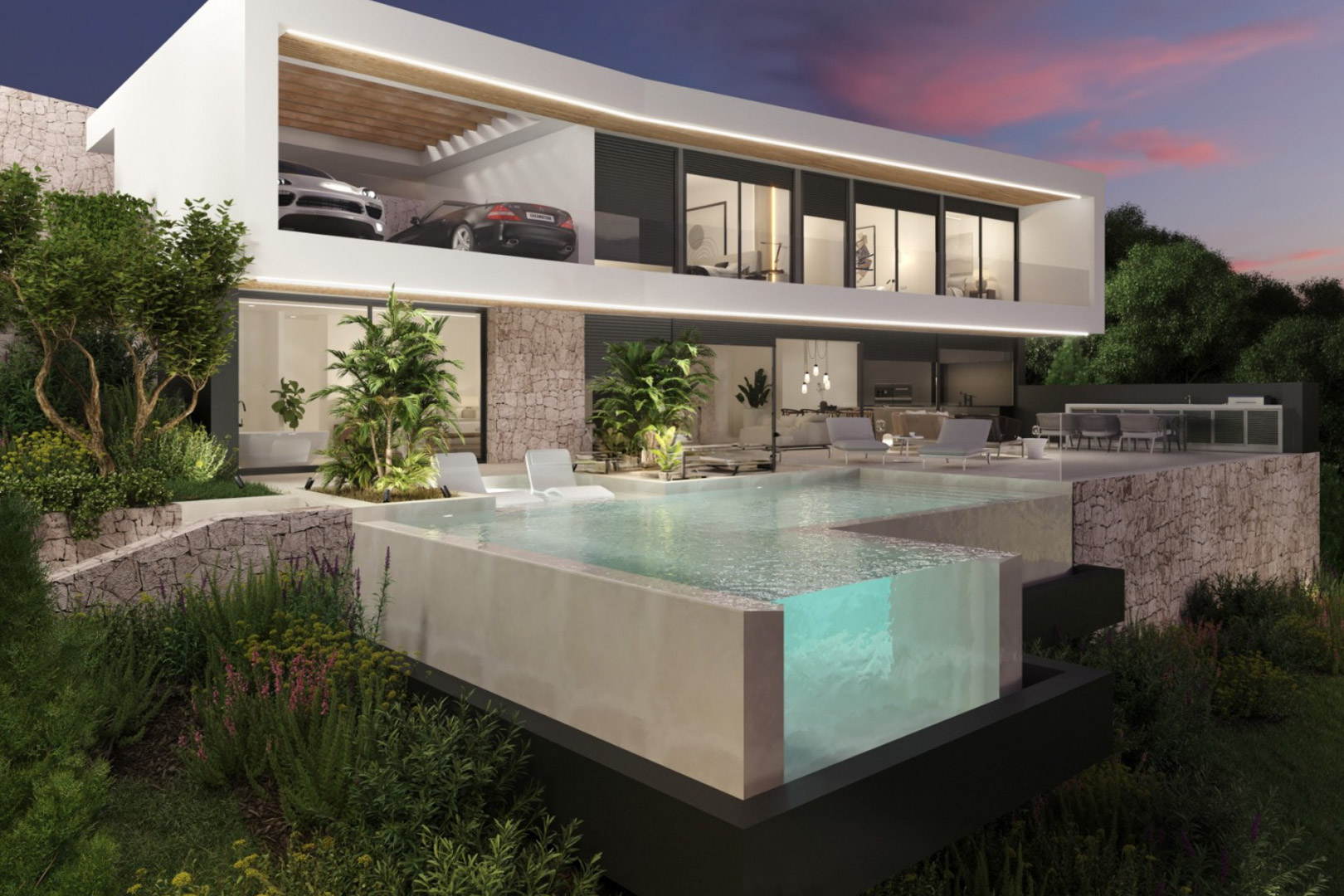Villa moderna de dos niveles con piscina infinita de pared de cristal, muros de piedra natural e iluminación LED integrada bajo un cielo de atardecer.