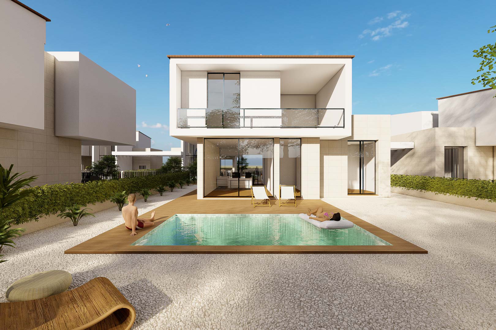 Vista exterior de la villa con piscina privada sobre tarima de madera, jardín de grava blanca y fachada minimalista de dos plantas con amplios ventanales.