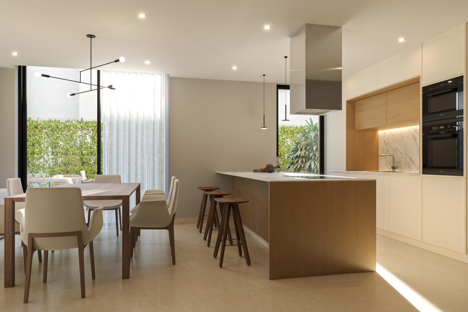 Cocina de diseño con isla de madera y encimera de mármol, integrada con un comedor de tonos neutros y amplios ventanales hacia el jardín privado.