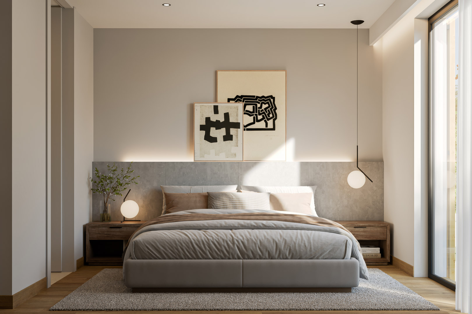 Dormitorio principal con cabecero de paneles efecto piedra, iluminación LED integrada y grandes ventanales. Incluye suelos de madera y mesitas de noche de diseño minimalista.