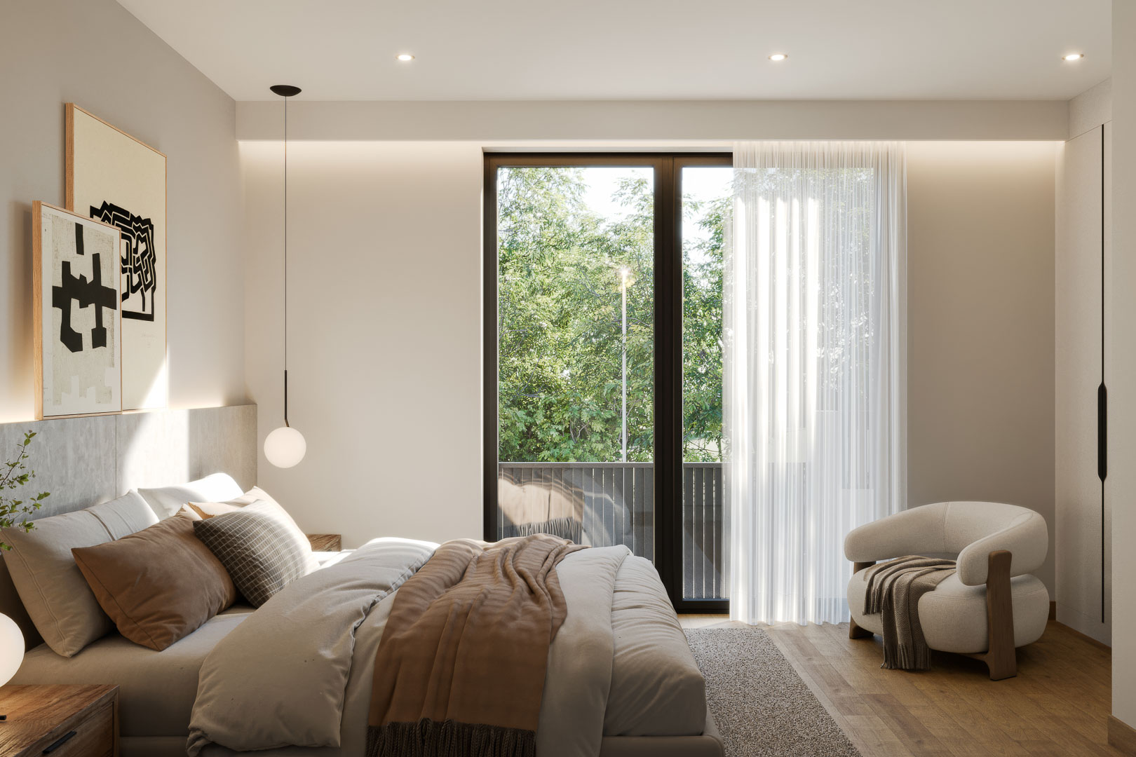 Dormitorio principal con ventanal de suelo a techo, suelos de madera y acceso a terraza. Incluye iluminación LED empotrada, lámparas colgantes y armarios integrados.